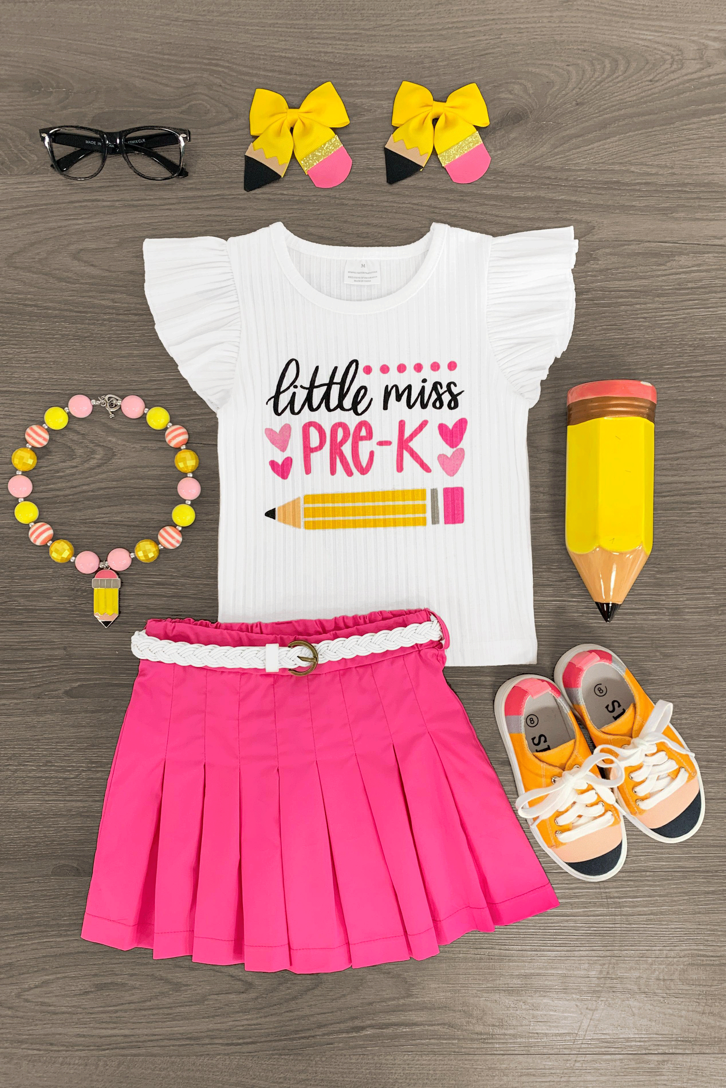 Grade-Skirt-Set "Little Miss Pre-K - 5th Grade" Pink Skirt Set - Image 1