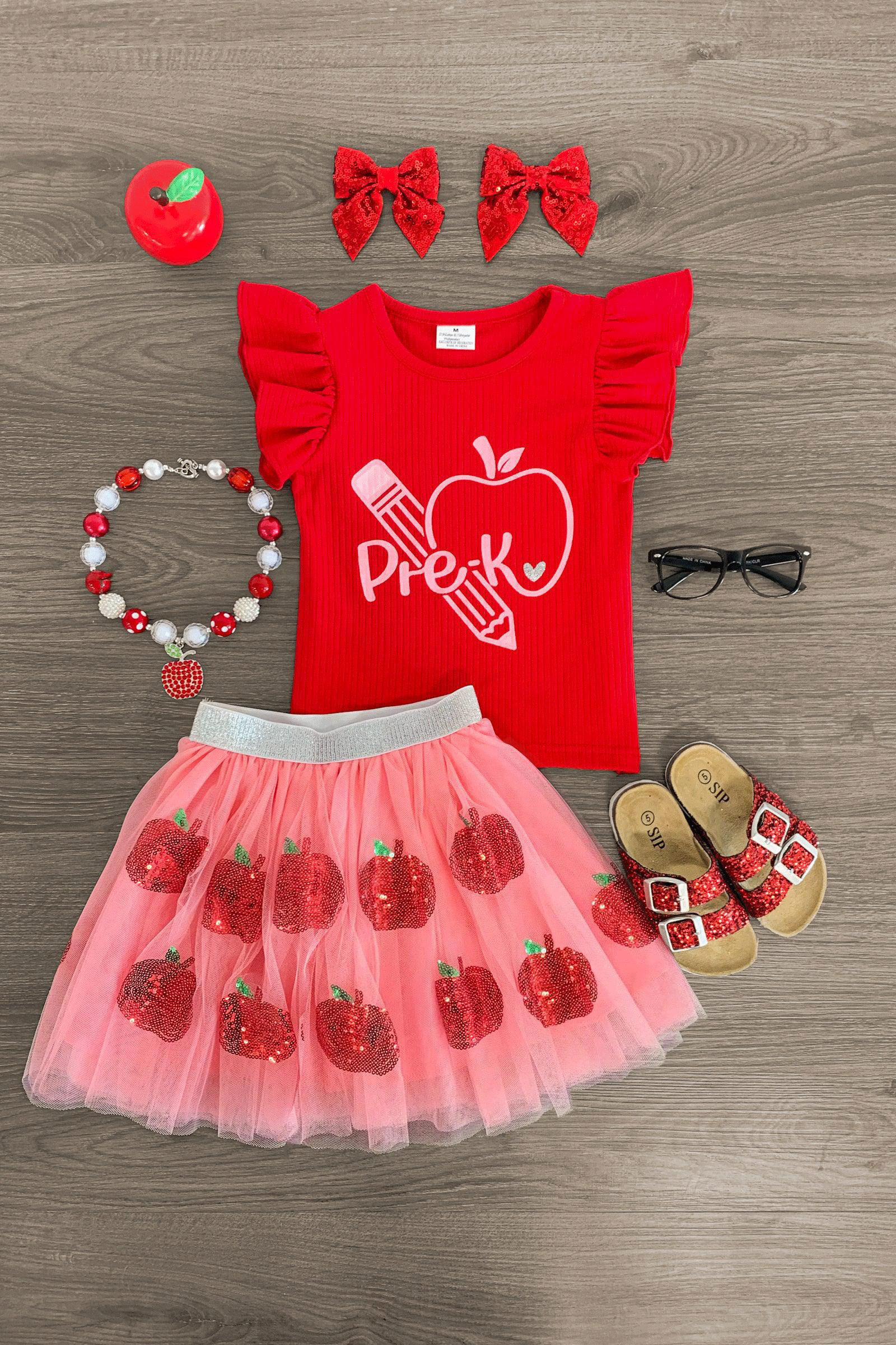 Grade-Skirt "Pre-K - 4th Grade" Pink Apple Tutu Skirt Set - Image 1