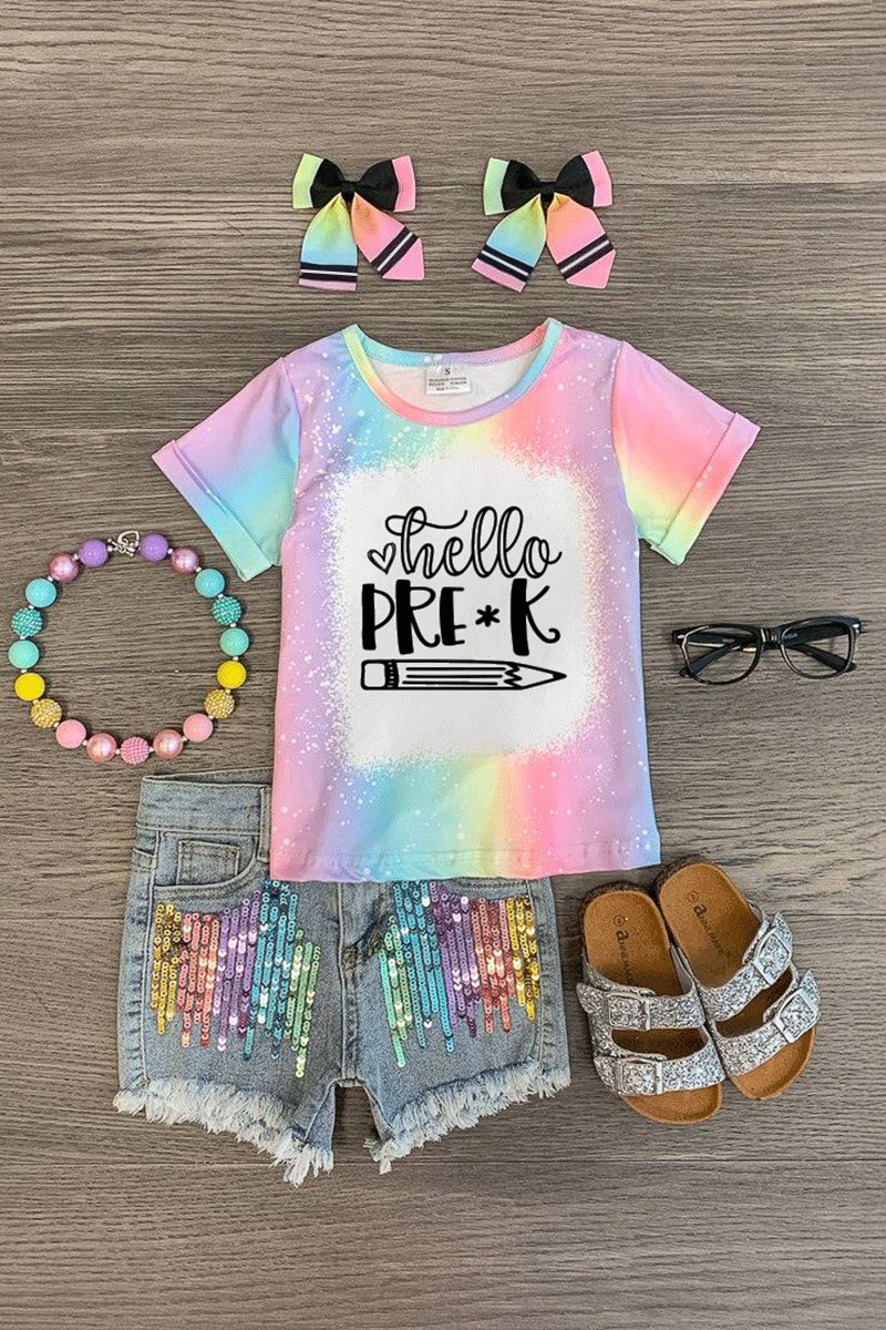Grade-Tops-2 "Hello Pre-K - 6th Grade" Rainbow Denim Short Set - Image 1