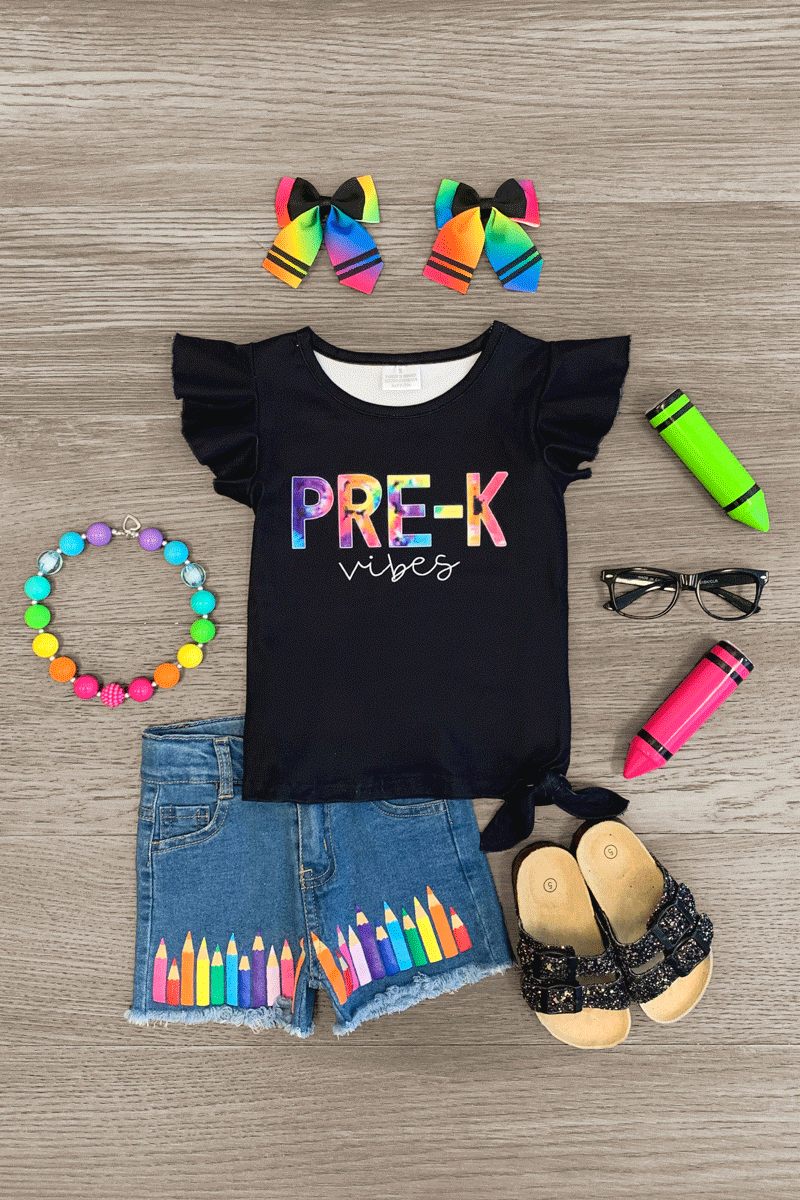 Grade-Vibes "Pre-K - Fifth Grade Vibes" Denim Short Set - Image 1