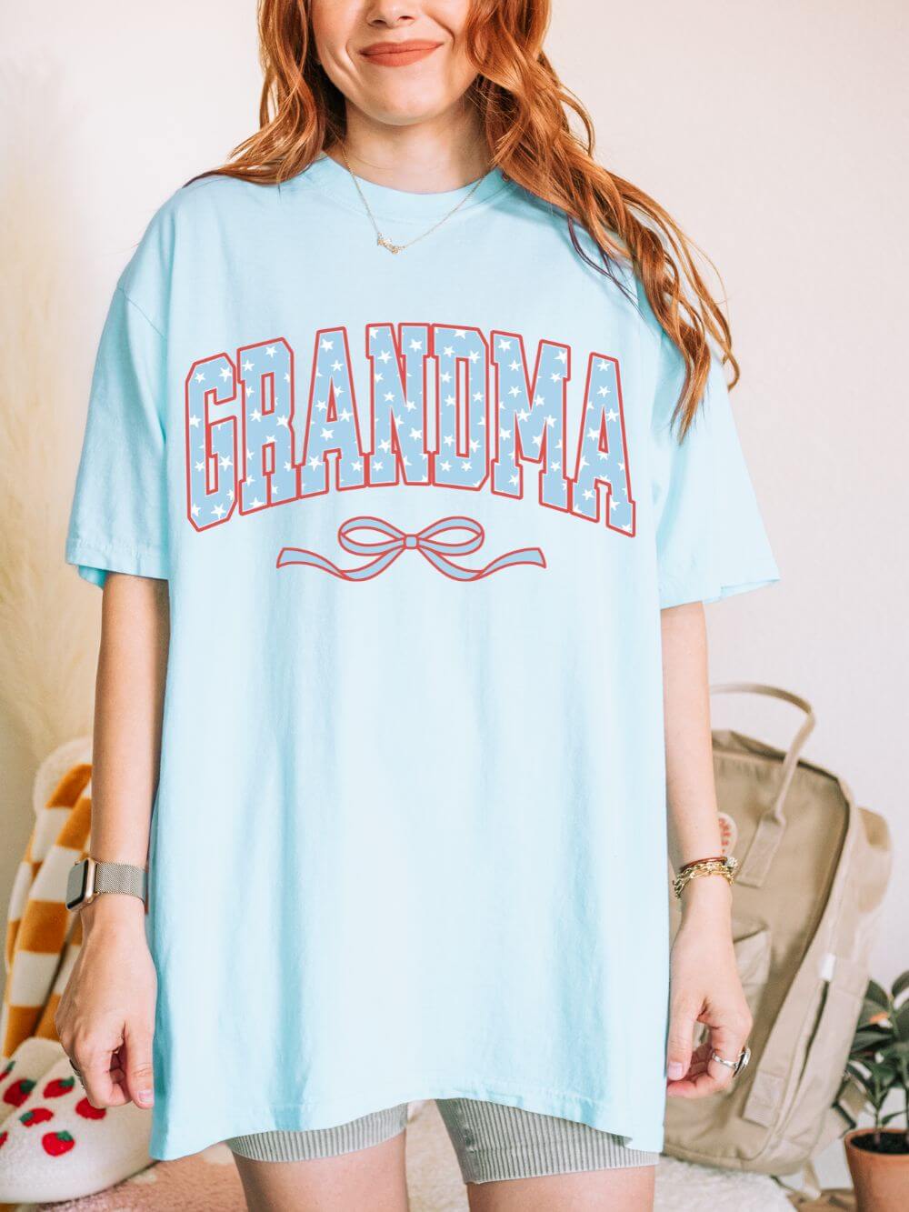 Grandma_Varsity_Chambray Grandma 4th of July USA Coquette Varsity Blue Bow Patriotic T-shirt Preppy Star Tee - Image 1