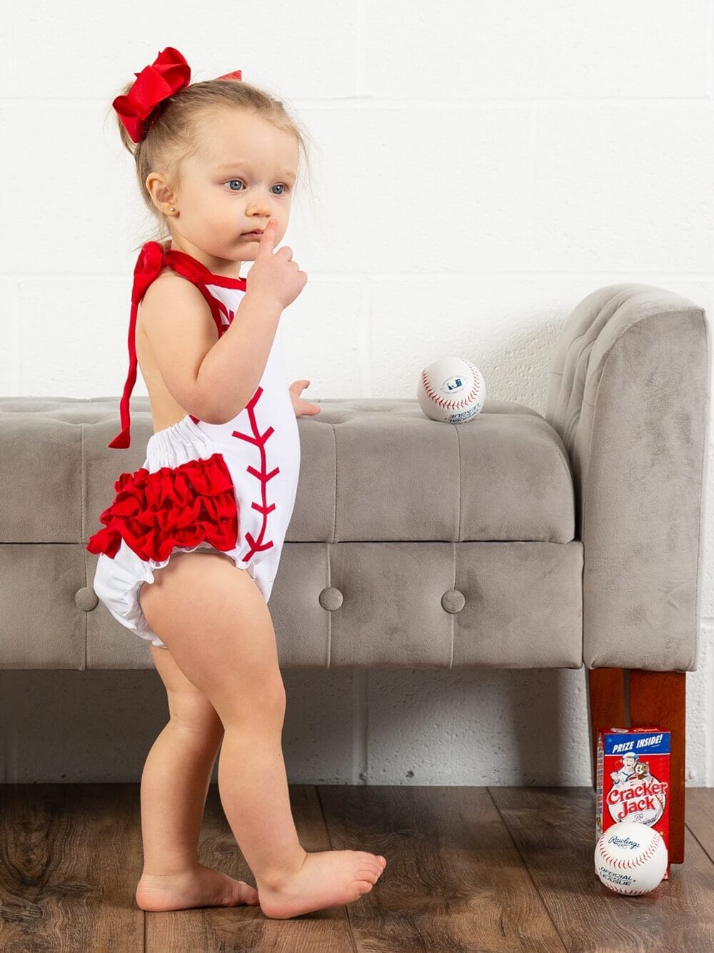 HadleyBaseballStitch1c_1 Baseball Stitch Red Halter Bubble Baby Romper - Image 1