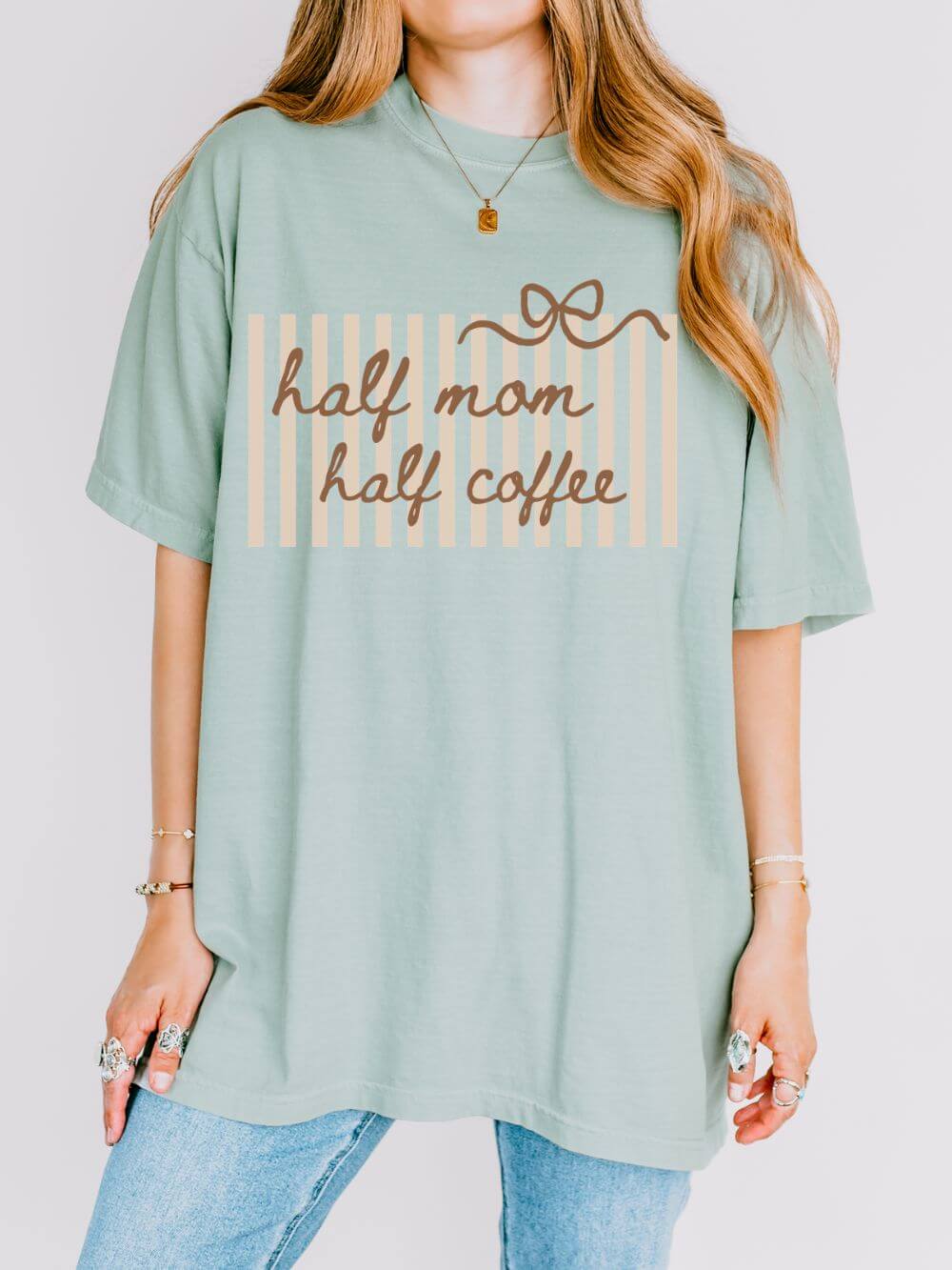 Half_Mom_Coffee_Bay Half Mom Half Coffee Graphic T-Shirt Mom Life Stripe & Bow Tee - Image 1