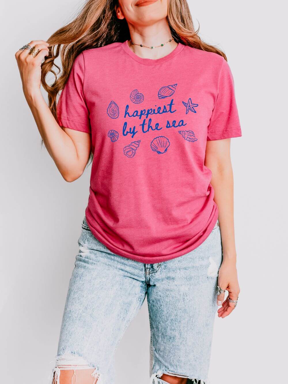 Happiest_by_the_Sea_Heather_Raspberry Happiest by the Sea Tee Women's Graphic Nautical Shells Beach T‑Shirt - Image 1