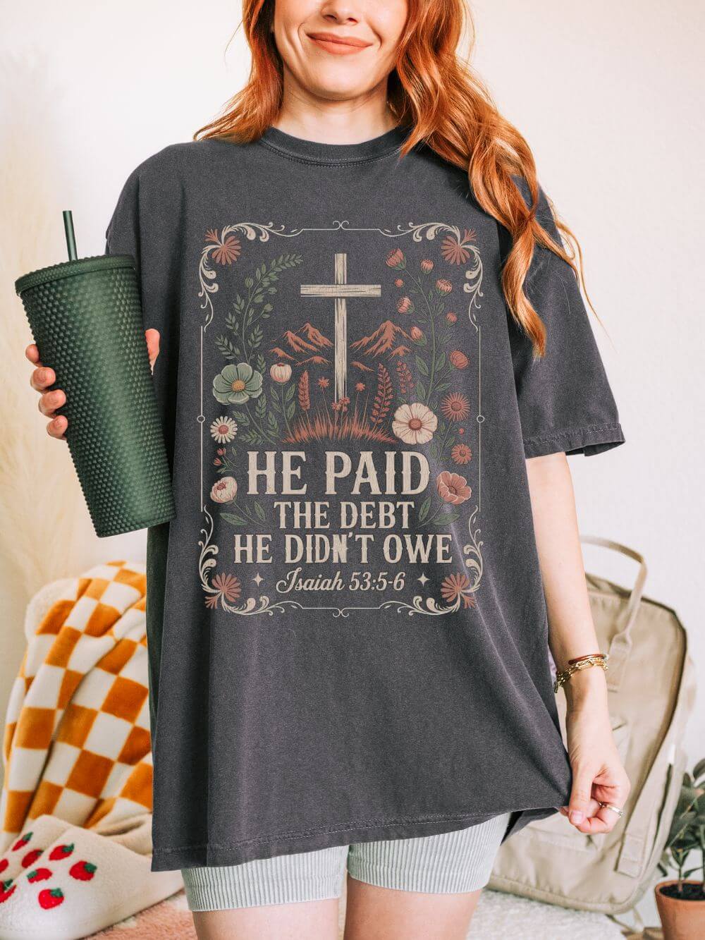 He_Paid_the_Debt_Pepper He Paid the Debt He Didn't Owe Christian Church Cross T‑Shirt Unisex Distressed Tee - Image 1