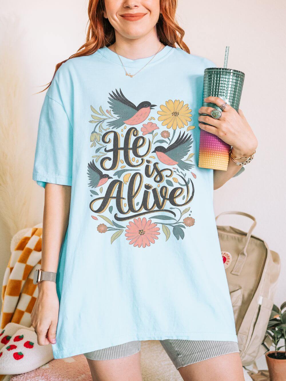 He_is_Alive_Chambray He Is Alive Birds & Floral Easter Unisex Graphic T‑Shirt Distressed Christian Tee - Image 1