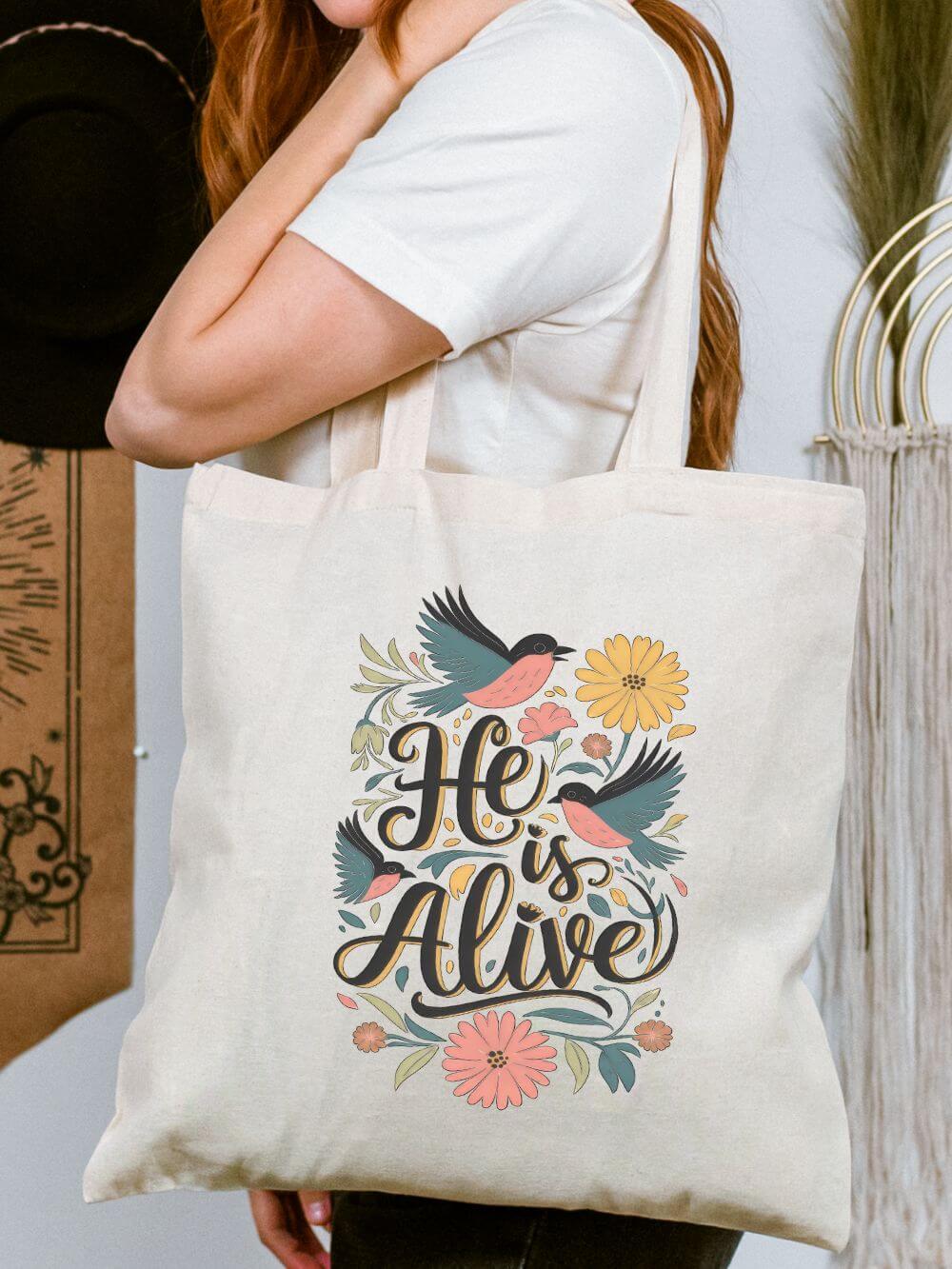 He_is_Alive_Floral_Tote He Is Alive Floral Birds Christian Easter Cotton Canvas Shopper Tote Bag - Image 1
