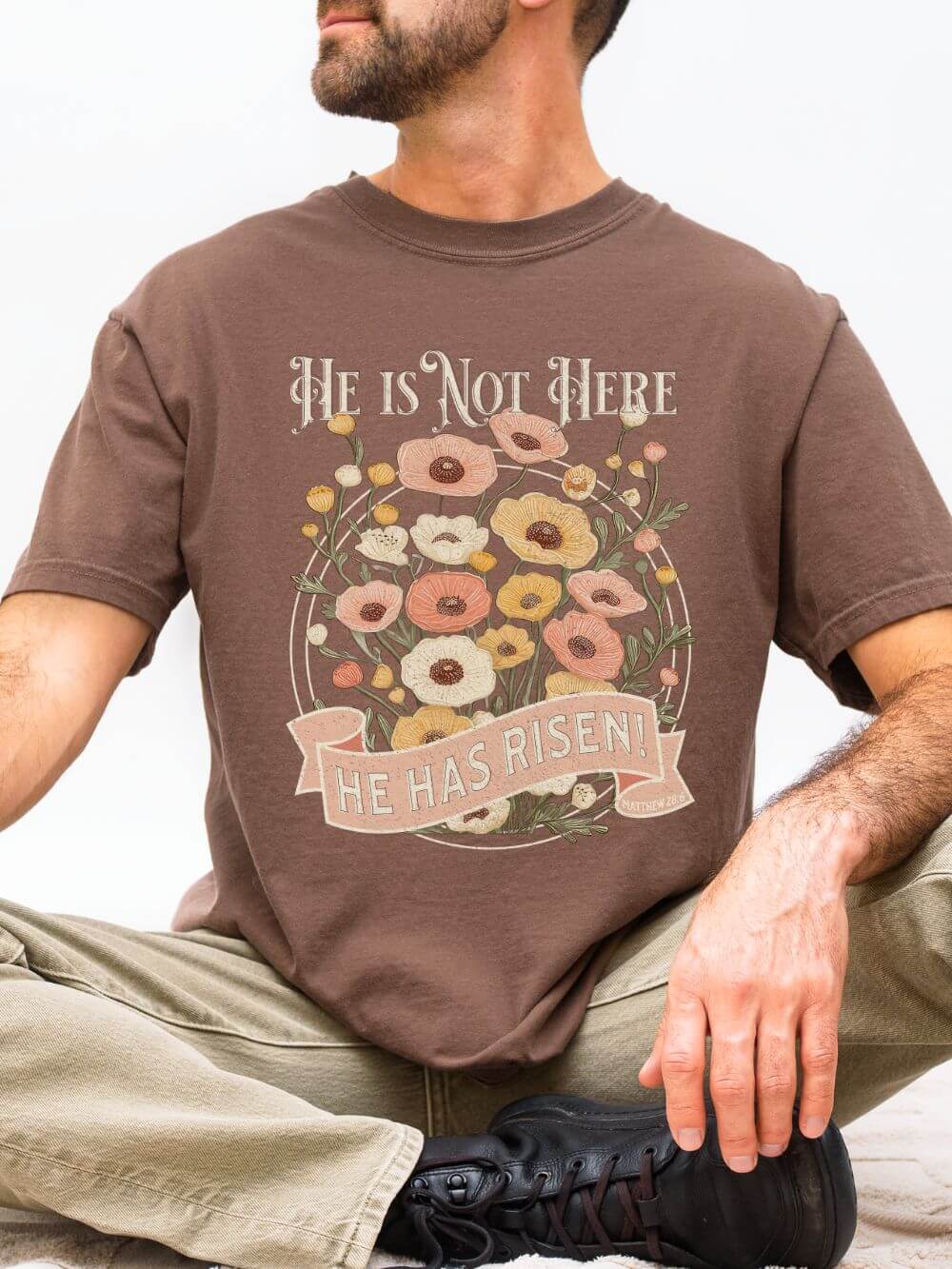 He_is_Not_Here_Espresso He Is Not Here He Has Risen Floral Unisex Easter T-Shirt Distressed Christian Tee - Image 1