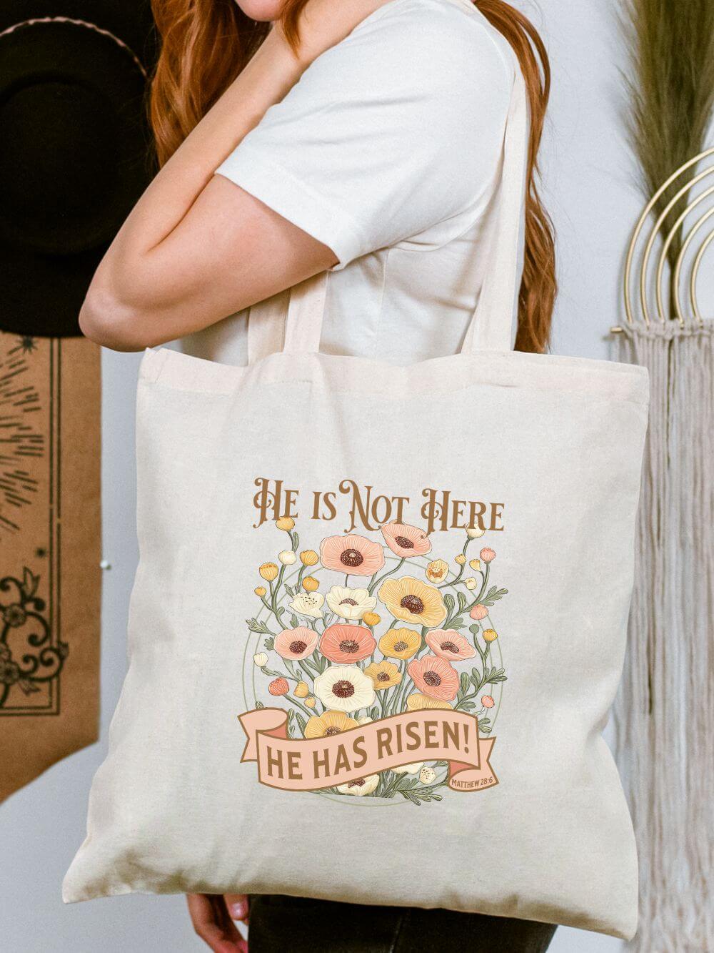 He_is_Not_Here_Tote He Is Not Here He Has Risen Cotton Canvas Bag Easter Floral Tote - Image 1