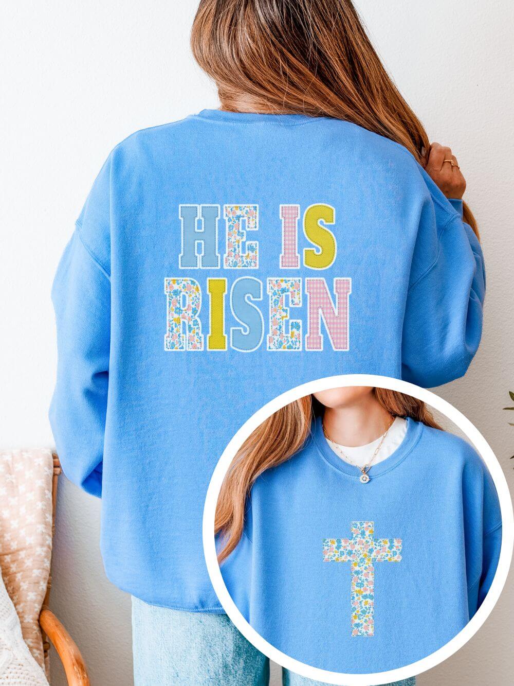 He_is_Risen_Cross_Floral_Patch_Both He is Risen Cross Floral Patchwork Easter Unisex Heavy Blend Crewneck Sweatshirt - Image 1