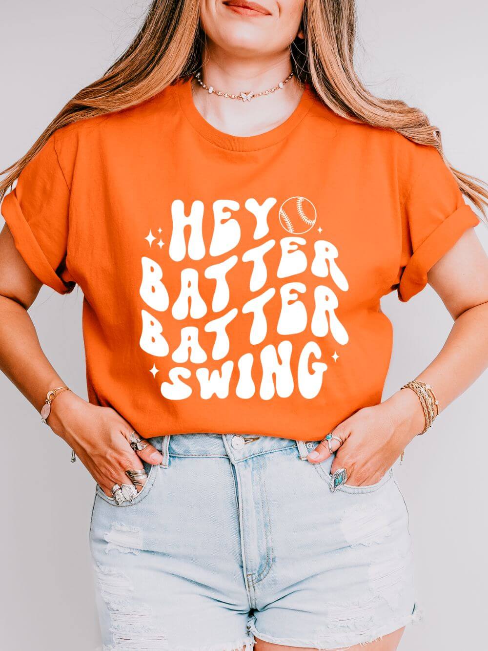 Hey_Batter_Retro_Orange Hey Batter Batter Swing Baseball or Softball Retro Font Graphic T-Shirt Sports Tee (12 Team Colors) - Image 1