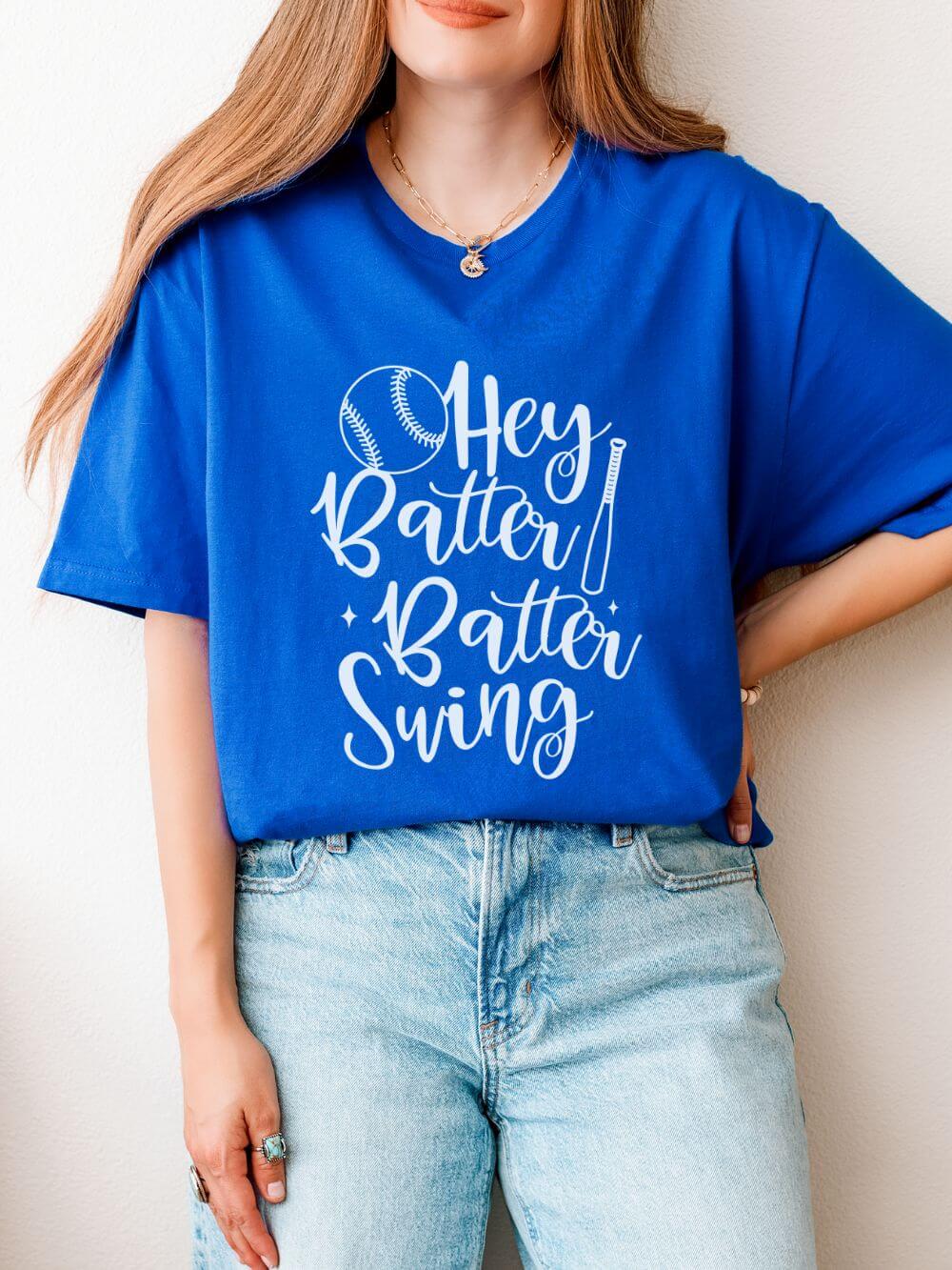Hey_Batter_Swing_Royal Hey Batter Batter Swing Baseball Graphic T-Shirt Cute Sports Mom Tee (12 Team Colors) - Image 1