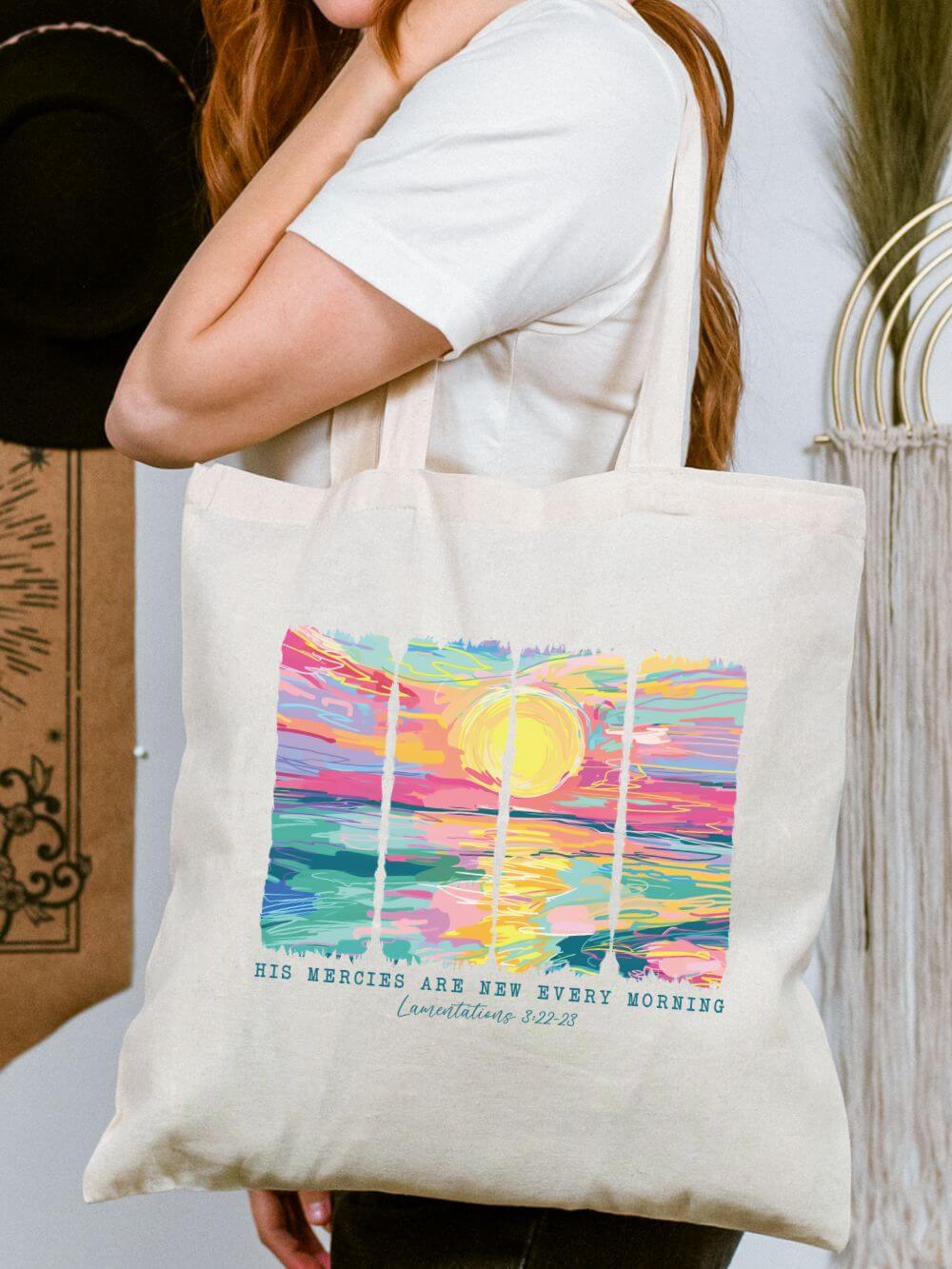 His_Mercies_are_New_Tote His Mercies are New Every Day Christian Church Cotton Canvas Tote Bag - Image 1