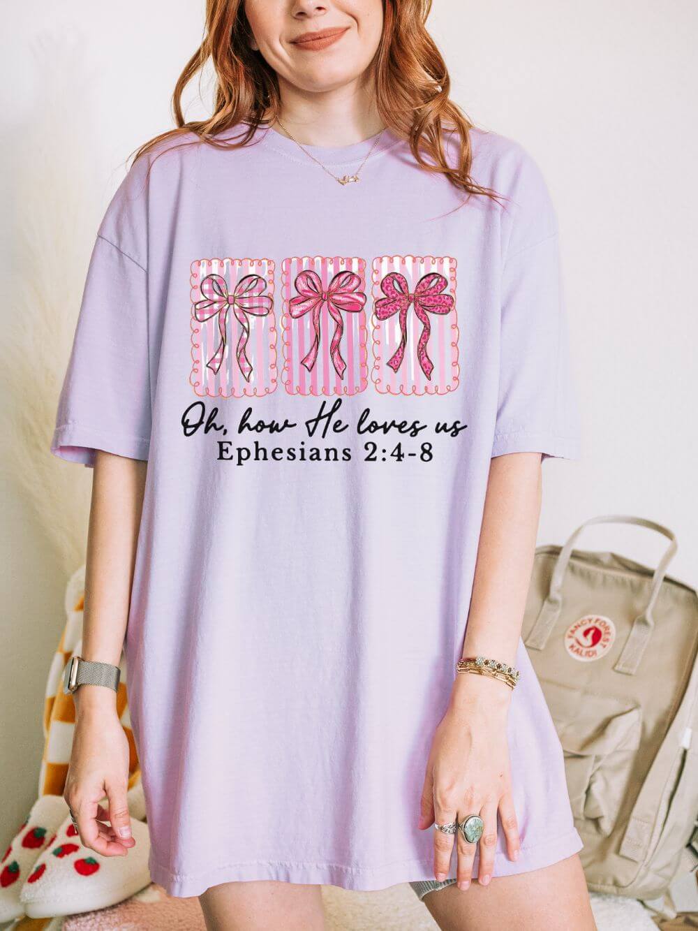 How_He_Loves_Us_Orchid Oh How He Loves Us Ephesians 2: 4-8 Christian Valentine's Day Graphic T-Shirt Unisex Short Sleeve Tee - Image 1