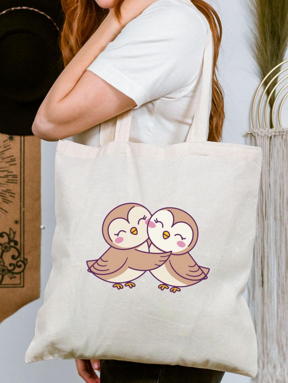 Hugging_Owls Cute Hugging Owls Cotton Canvas Tote Bag - Image 1