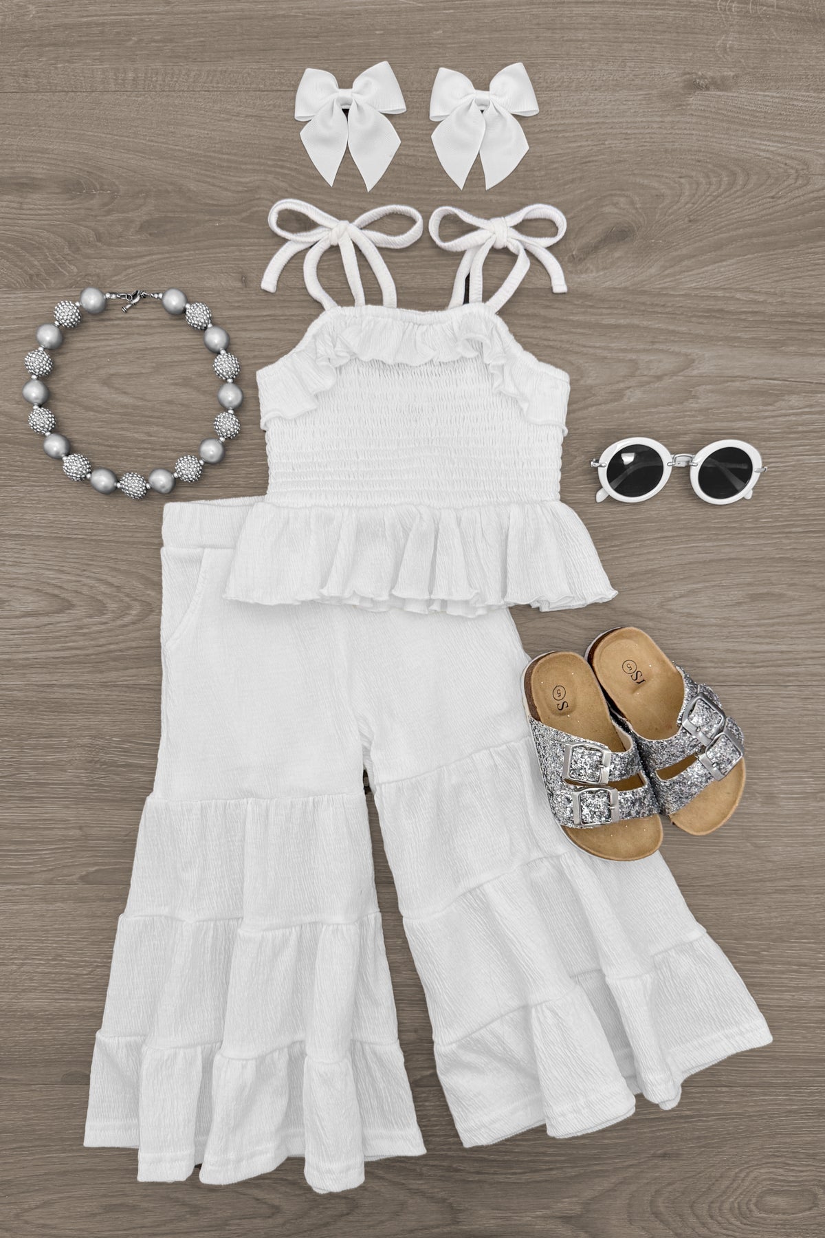 IMG_0165-Edit_76a220f1-9363-4df1-aeea-919890b23296 White Flowy Ruffle Flare Pant Set - Image 1