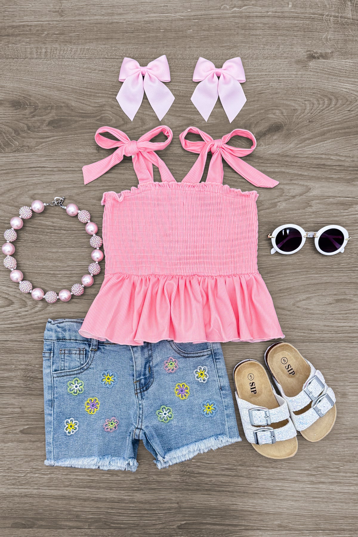IMG_0261-Edit Pink Striped Flower Denim Short Set - Image 1