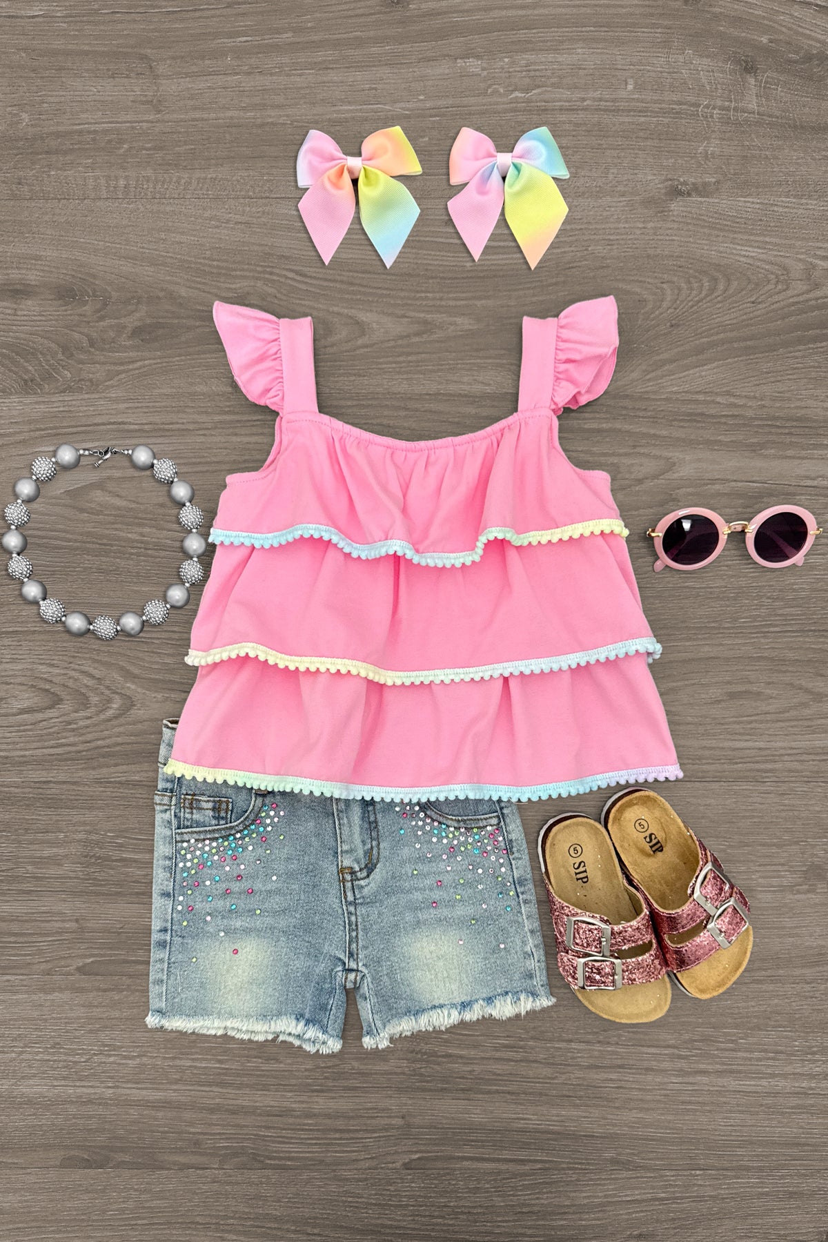 IMG_0300-Edit-Edit Pink Pom Pom Gemstone Denim Short Set - Image 1