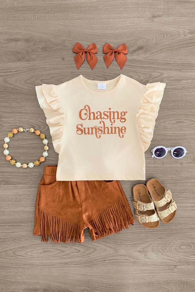 IMG_1035-Edit "Chasing Sunshine" Brown Fringe Suede Short Set - Image 1
