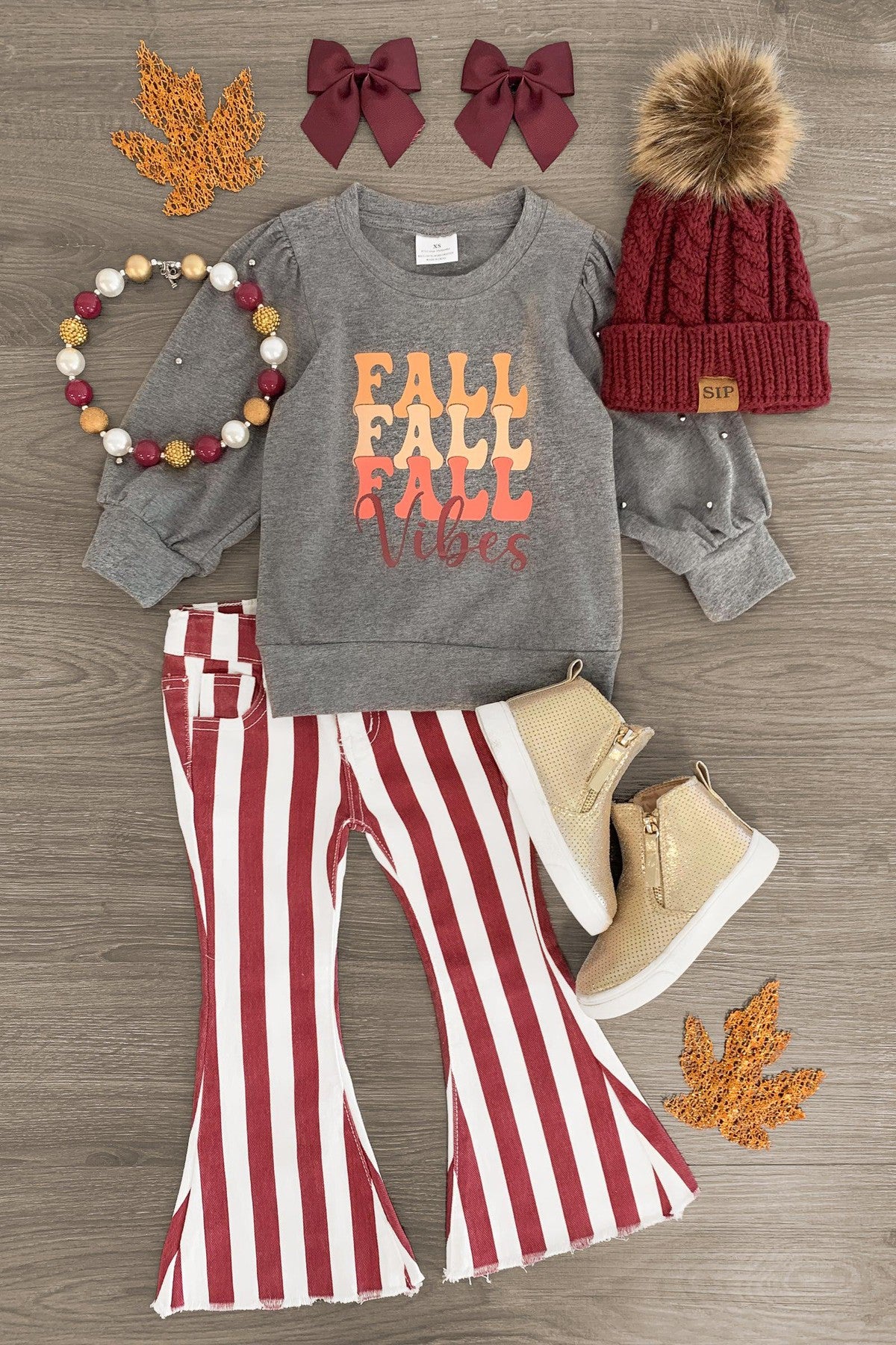 IMG_1787-Edit "Fall Vibes" Burgundy Striped Bell Bottom Set - Image 1