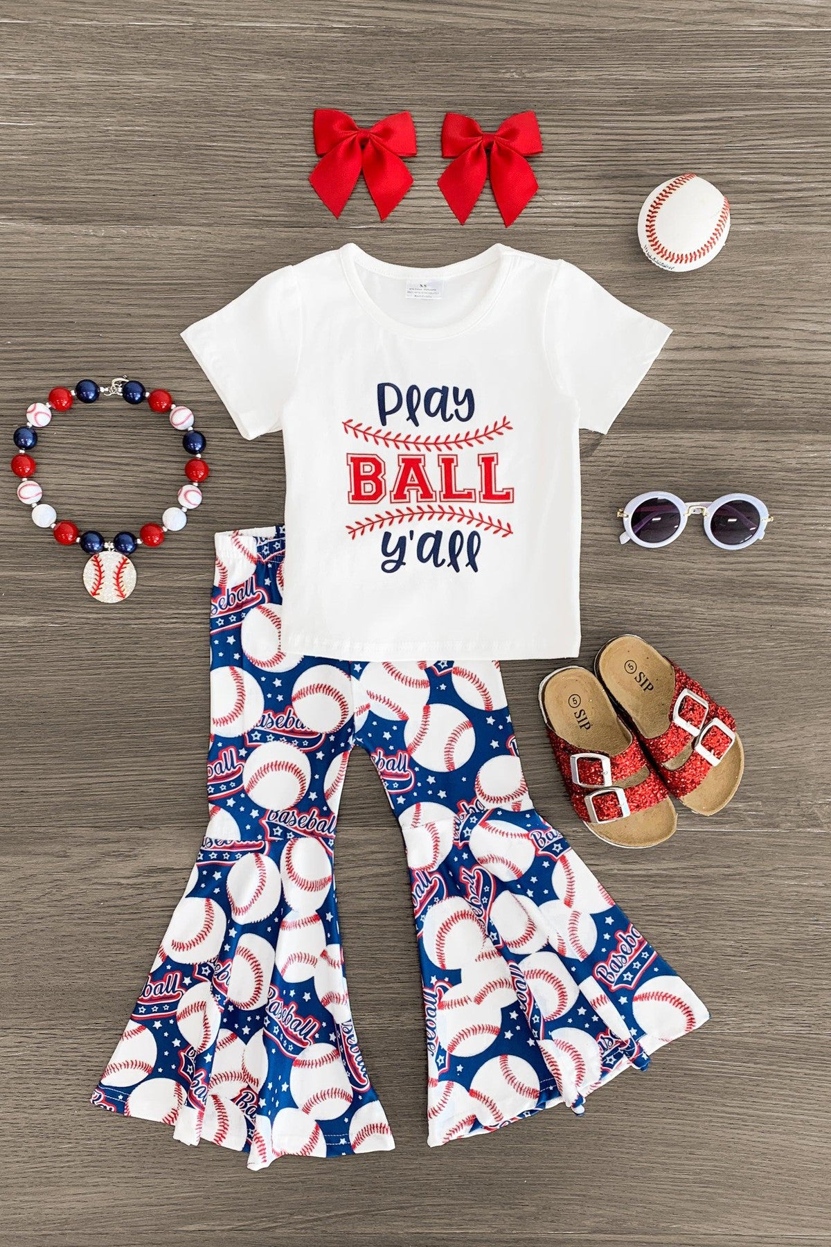 IMG_2377-Edit "Play Ball Y'all" Red, White, & Blue Bell Bottom Set - Image 1