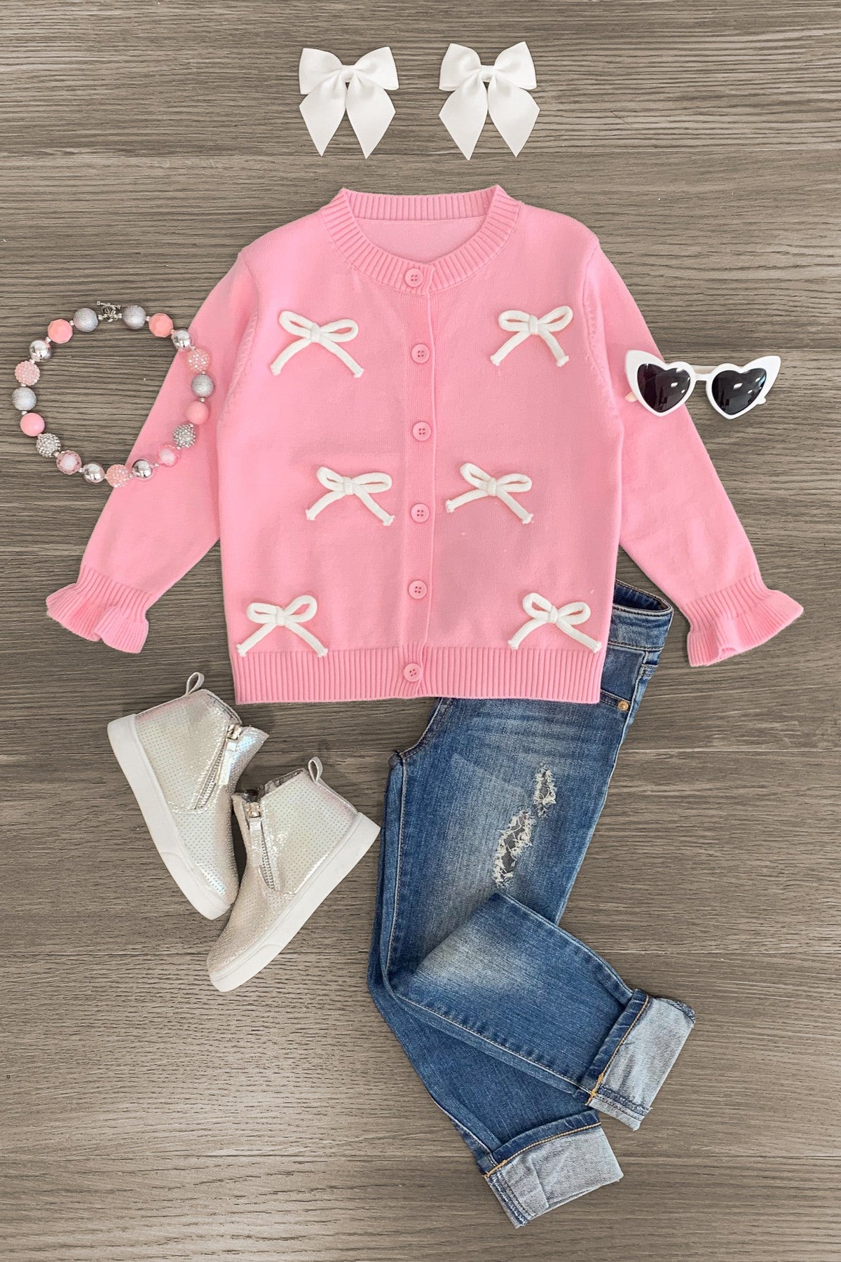 IMG_2407-Edit Light Pink & White Bow Cardigan - Image 1