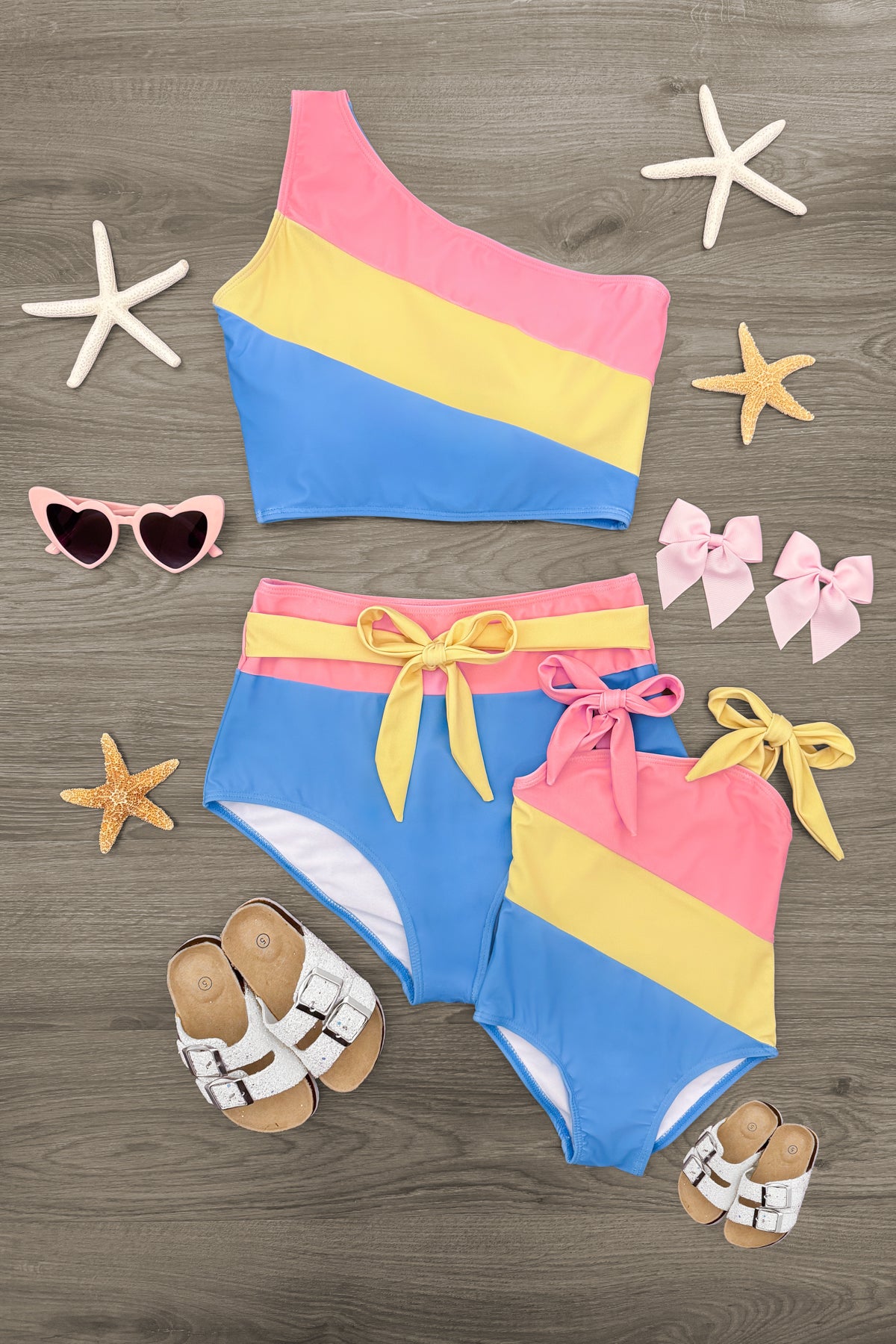 IMG_47862-Edit-Edit Mom & Me - Pink Yellow & Blue Striped Swimsuit - Image 1