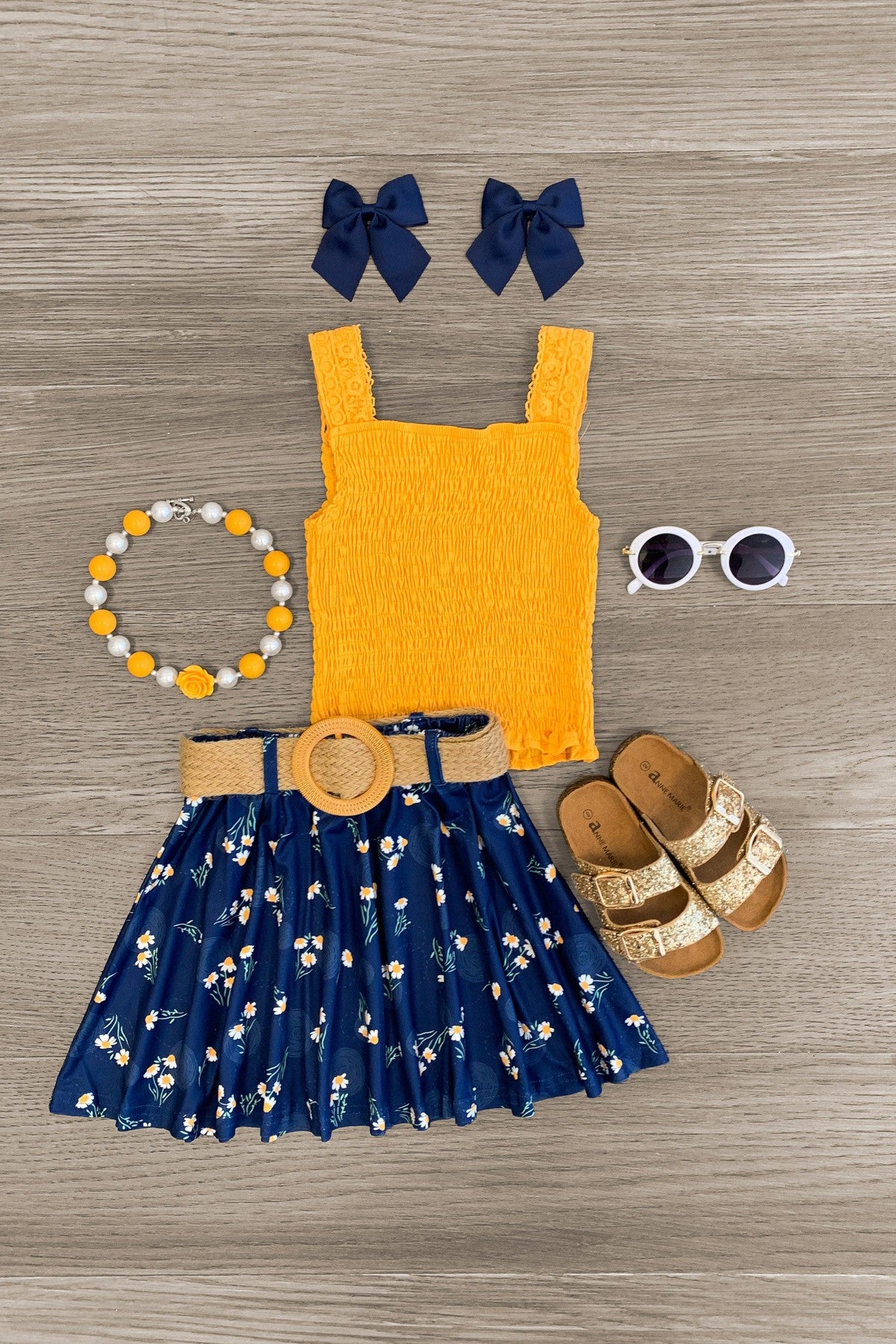 IMG_5089-Edit-2 Mustard & Navy Daisy Skirt Set - Image 1