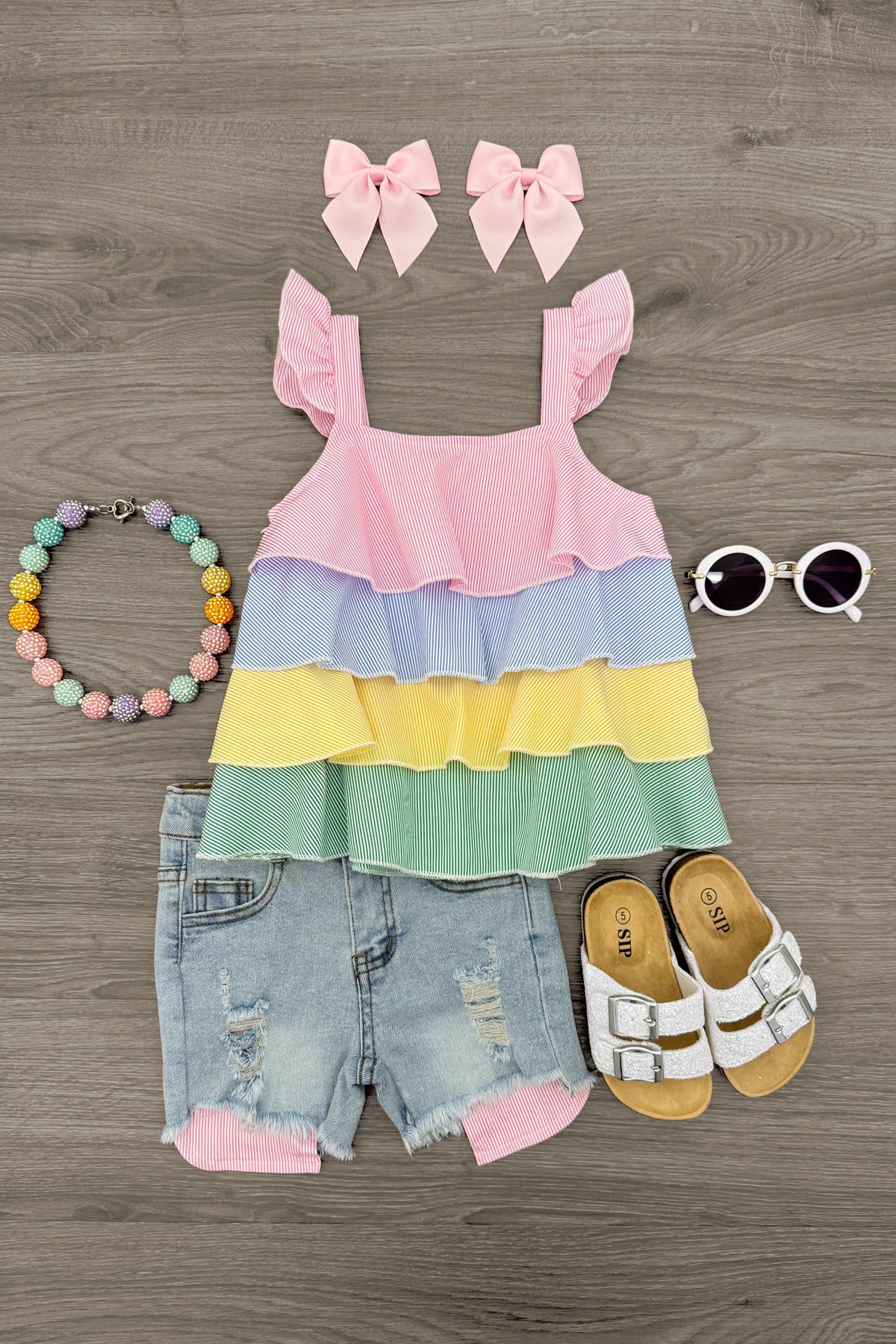 IMG_5280-Edit Striped Pastel Ruffle Denim Short Set - Image 1