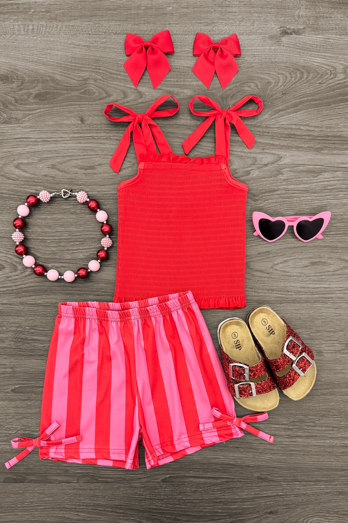 IMG_6075-Edit Red & Pink Striped Tie Short Set - Image 1