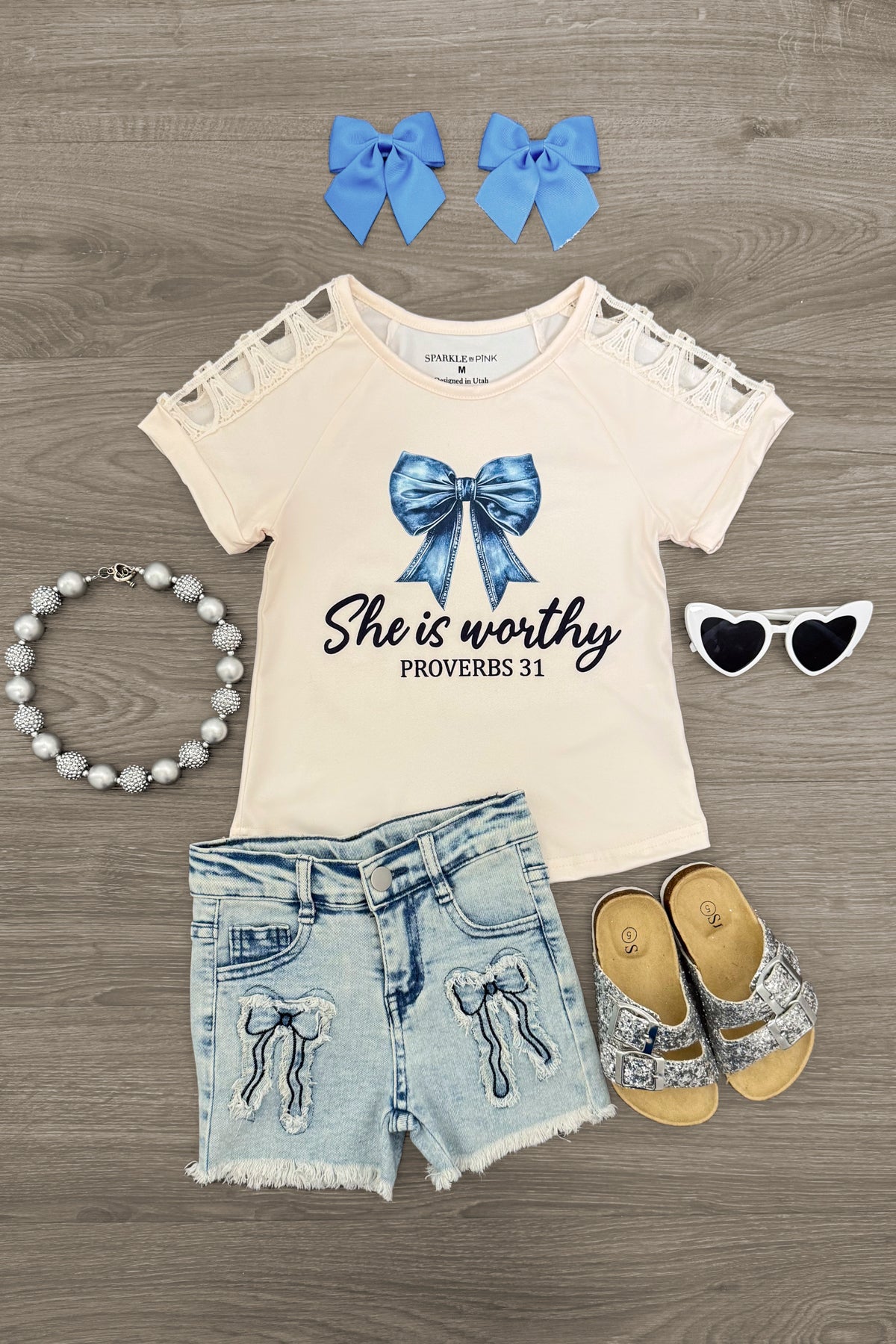 IMG_6152-Edit_af5880f0-6e6a-4d47-b0eb-72f621e26d1a "She Is Worthy" Denim Bow Short Set - Image 1