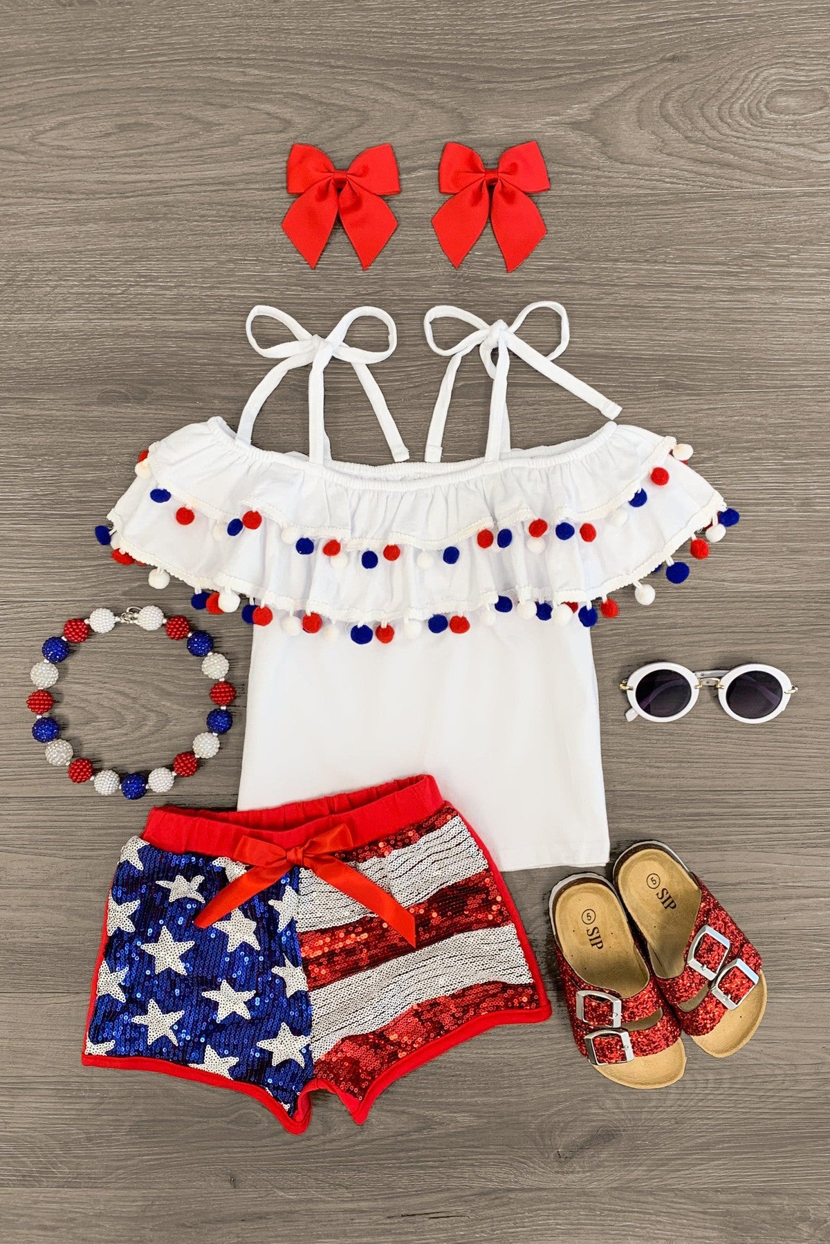 IMG_6262-Edit White Pom Pom Sequin Flag Short Set - Image 1
