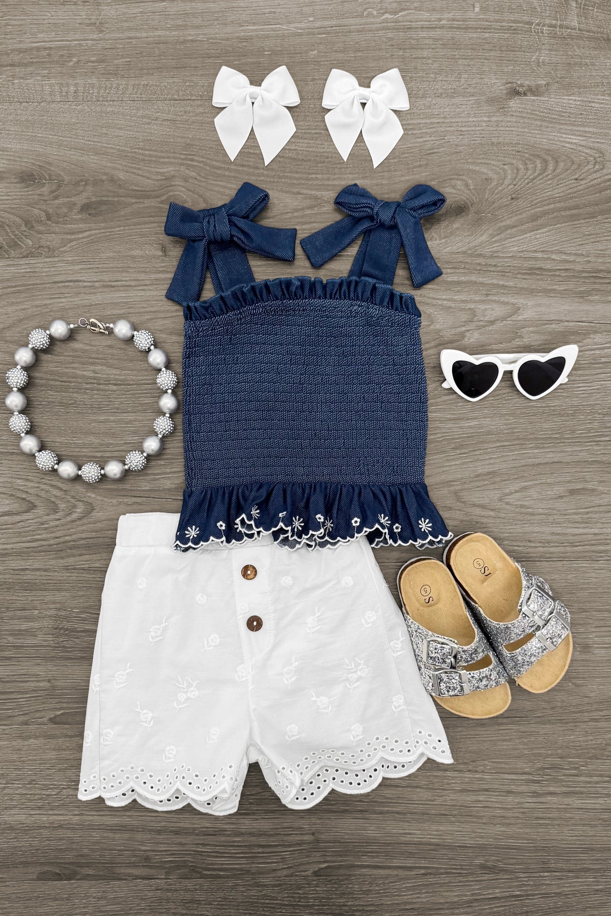 IMG_6343-Edit Embroidered Denim Floral White Short Set - Image 1
