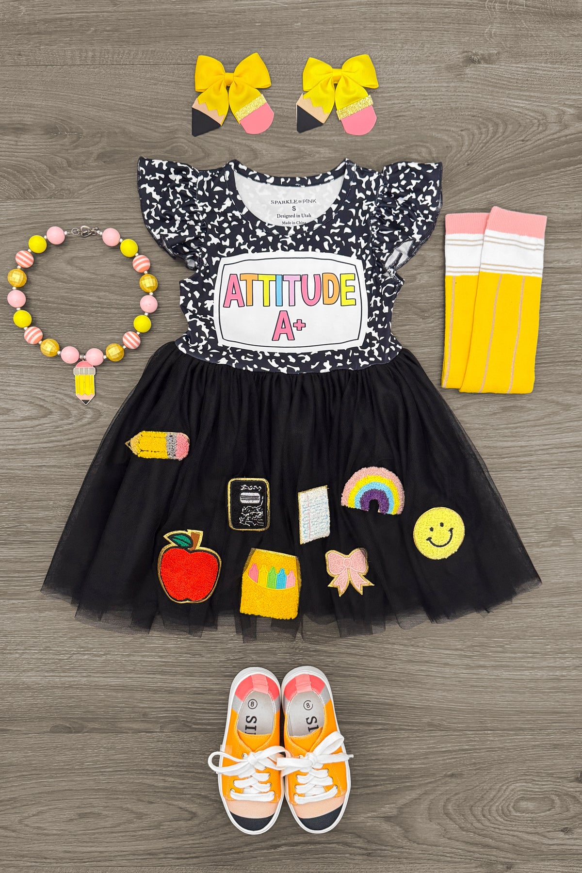 IMG_6509-Edit_d711f7ca-9d30-4be5-a7f0-95a2dbeb6560 "Attitude A+" Chenille Patch Tutu Dress - Image 1