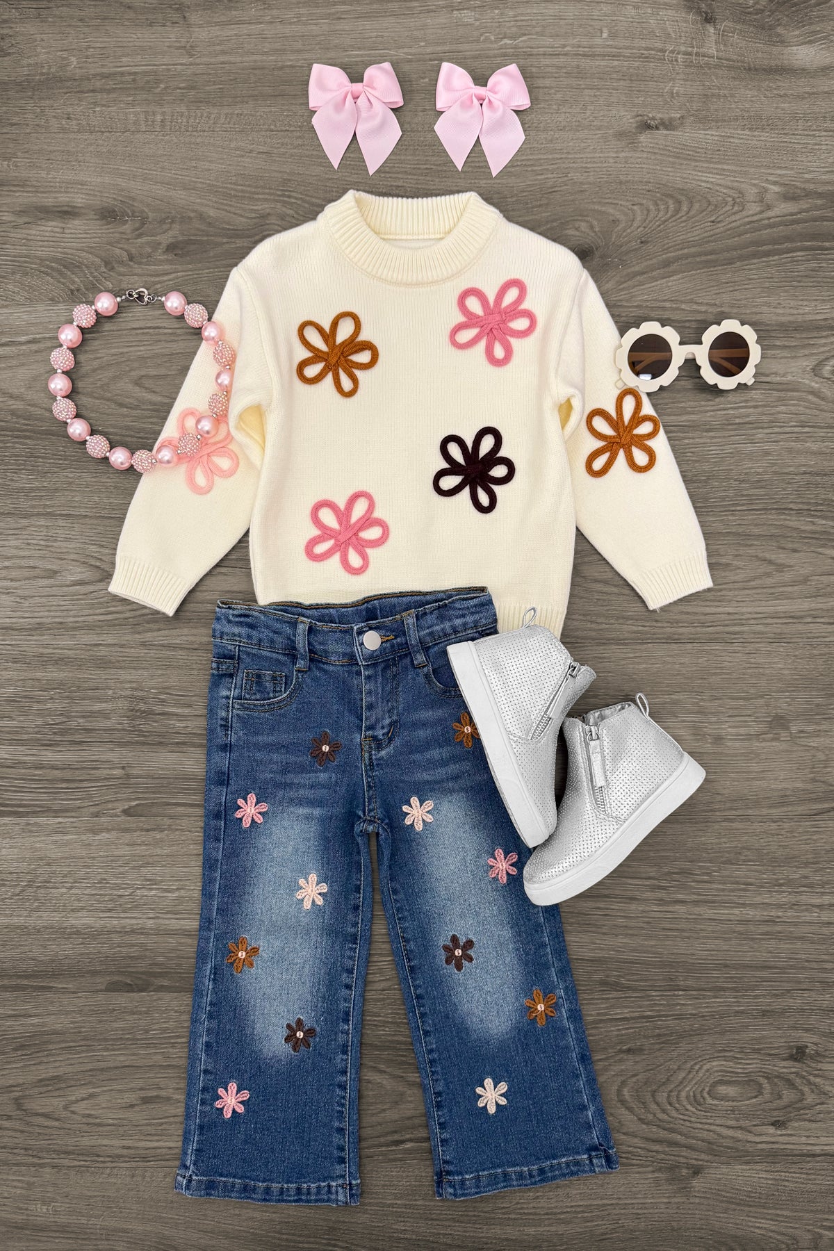 IMG_6673-Edit Cream Flower Print Denim Pant Set - Image 1
