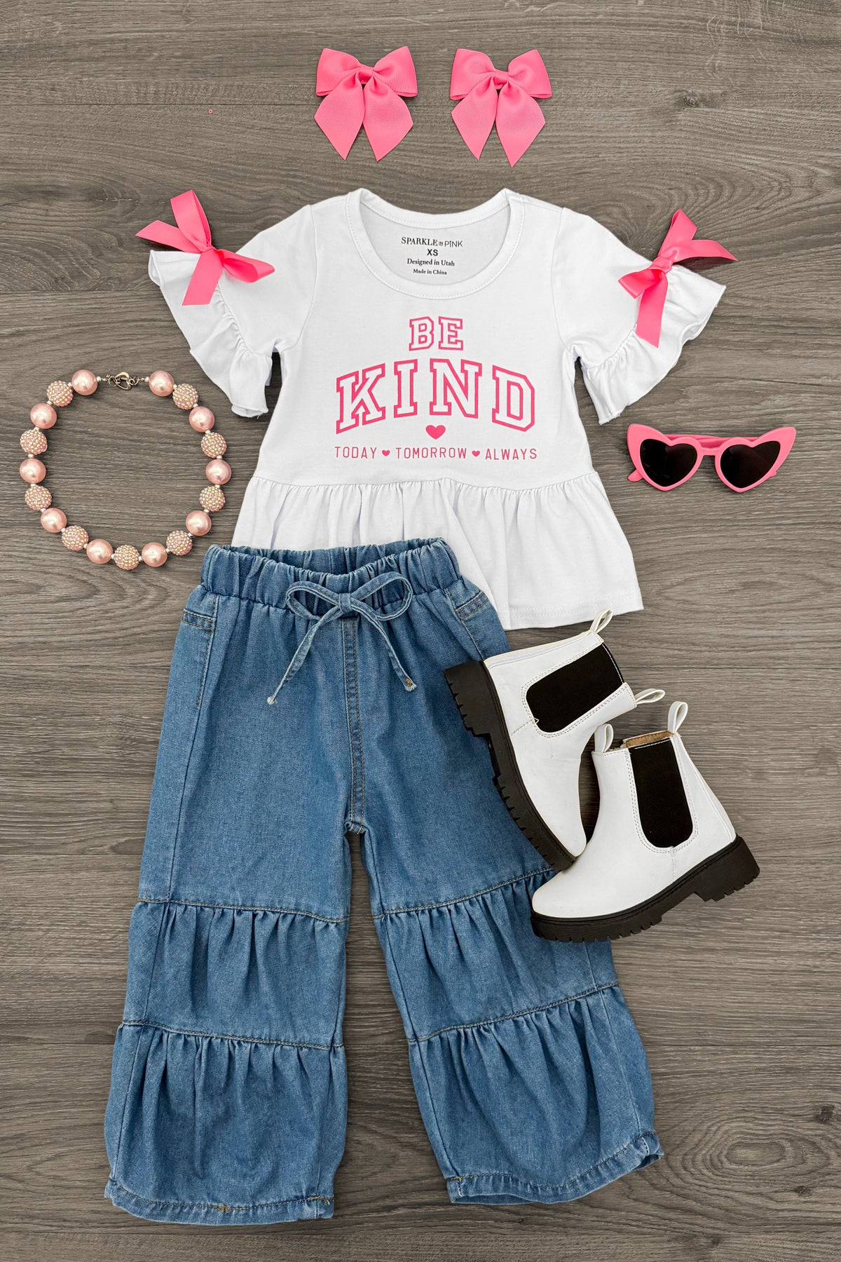 IMG_6776-Edit "Be Kind..." Pink Bow Denim Pant Set - Image 1