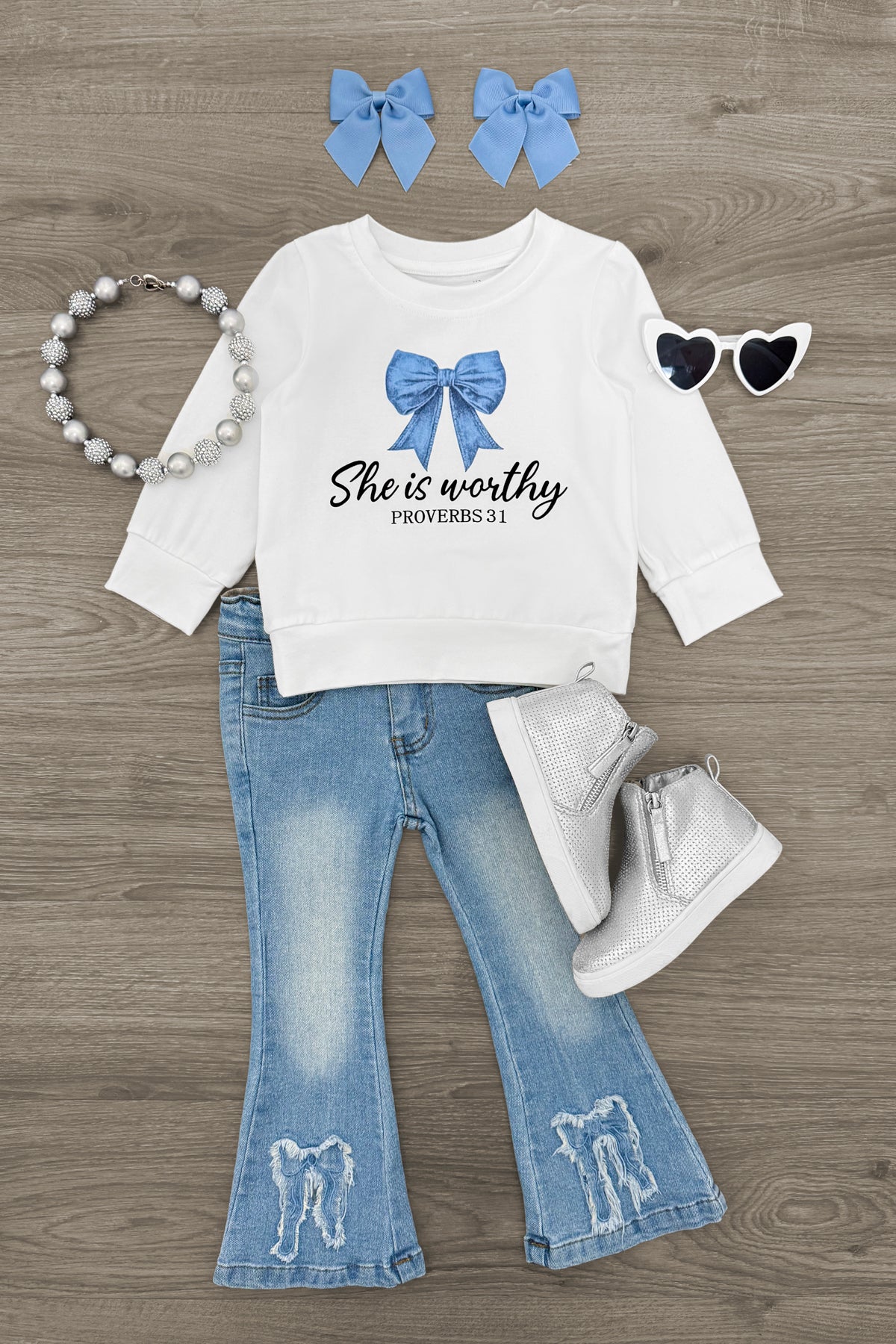 IMG_6840-Edit-Edit "She Is Worthy" Denim Bow Flare Pant Set - Image 1