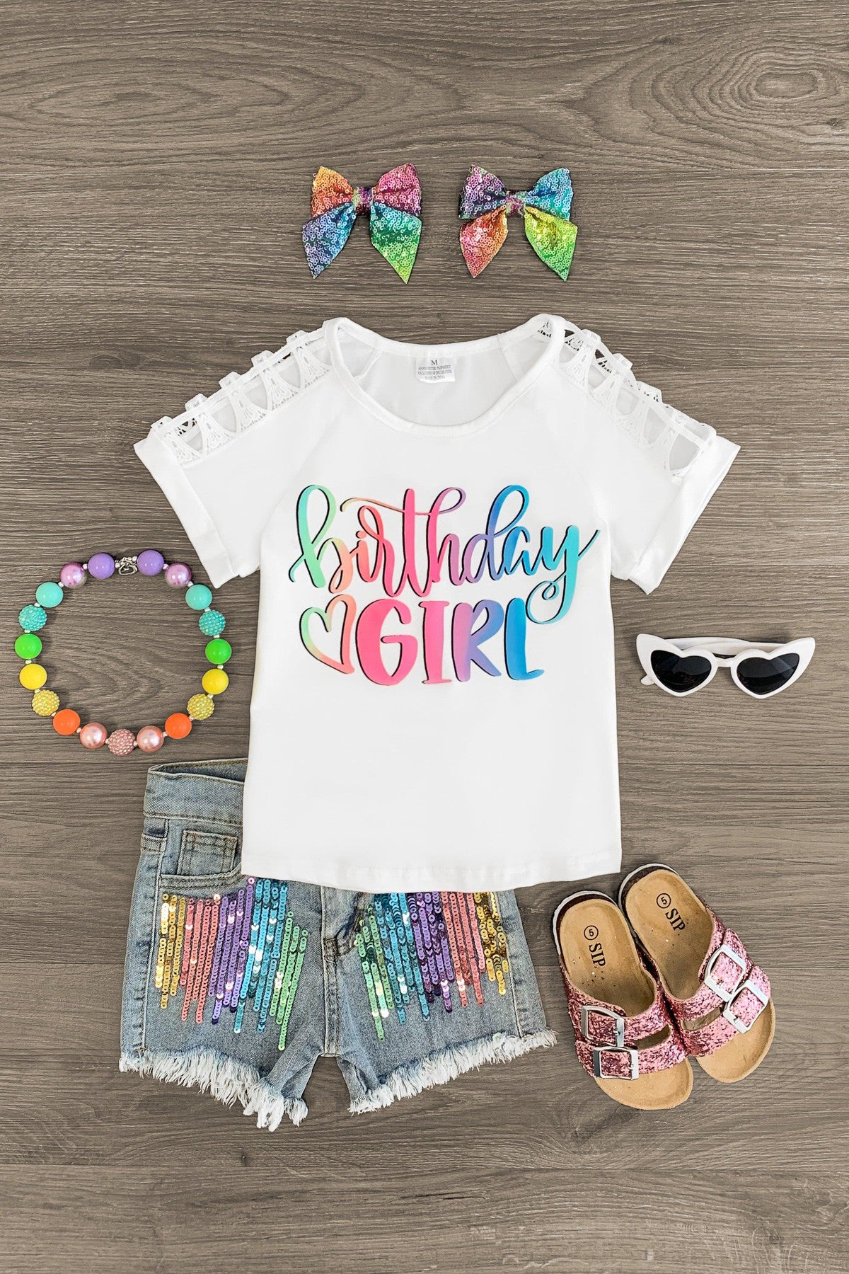 IMG_6904-Edit-Edit "Birthday Girl" Rainbow Sequin Denim Short Set - Image 1