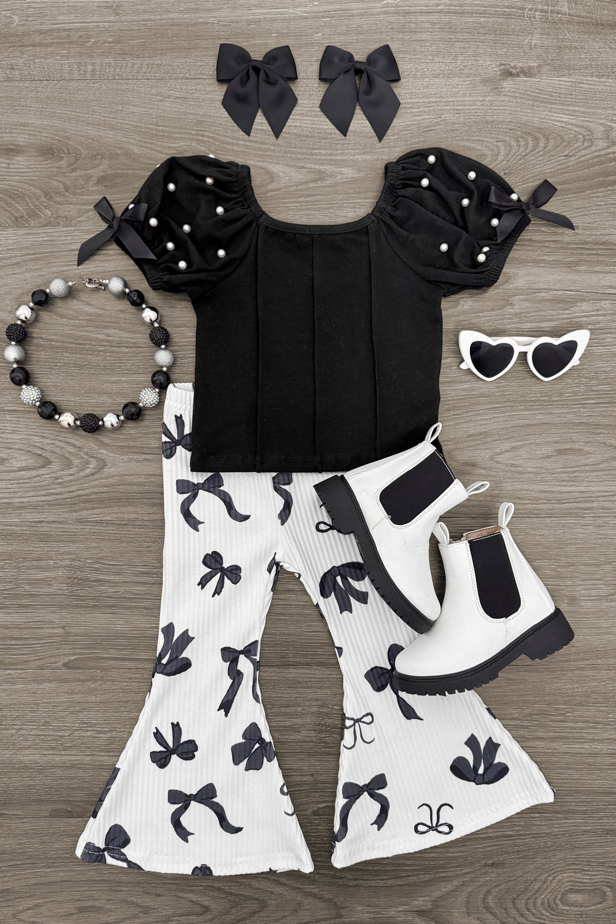 IMG_7004-Edit Black & White Pearl Bow Flare Pant Set - Image 1