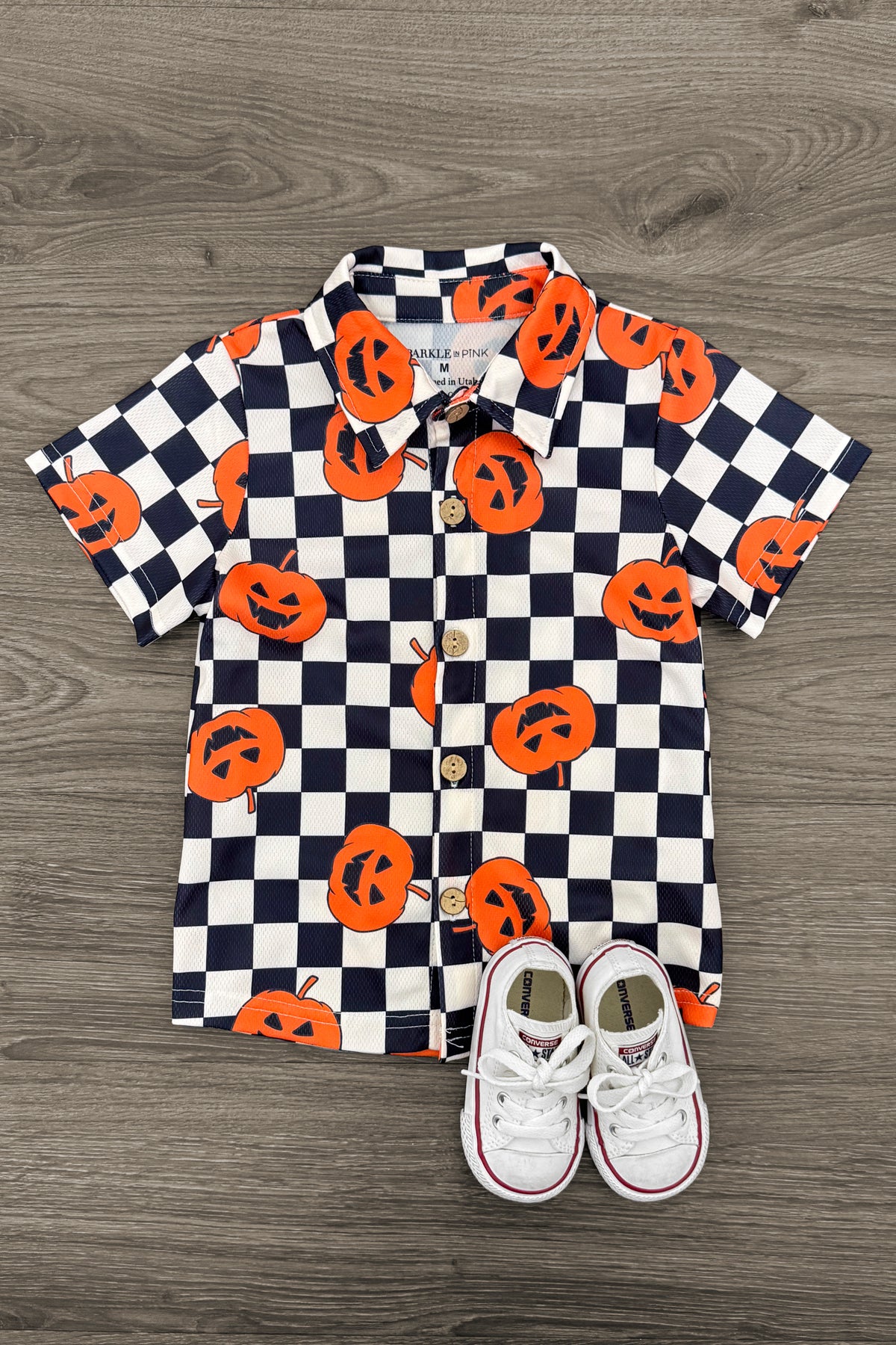IMG_7198-Edit Checkered Jack-O'-Lantern Button Down Top - Image 1