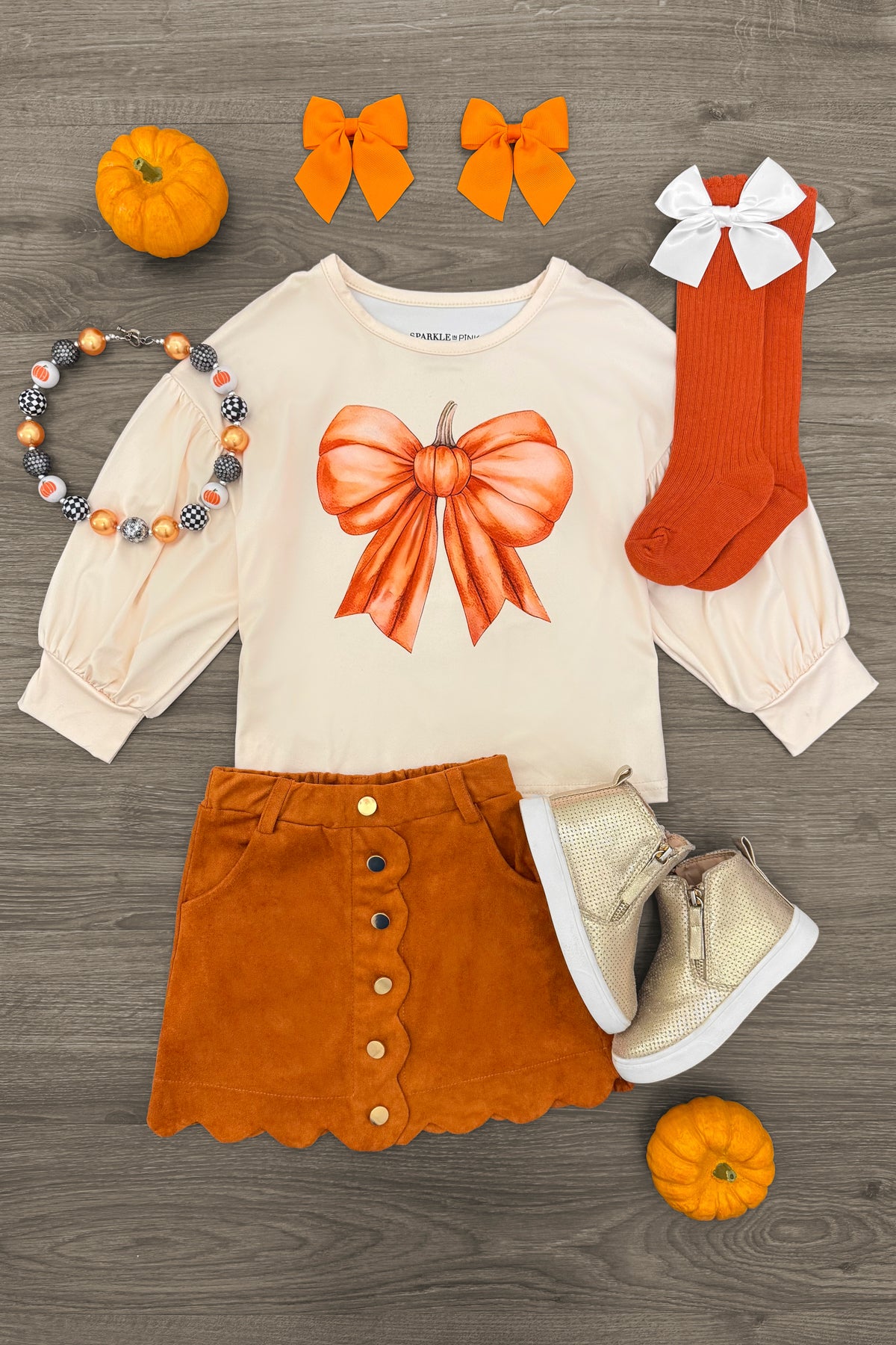 IMG_7235-Edit Cream Pumpkin Bow Suede Skirt Set - Image 1
