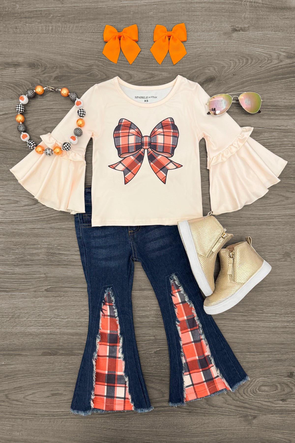 IMG_7329-Edit Plaid Bow Distressed Denim Flare Set - Image 1