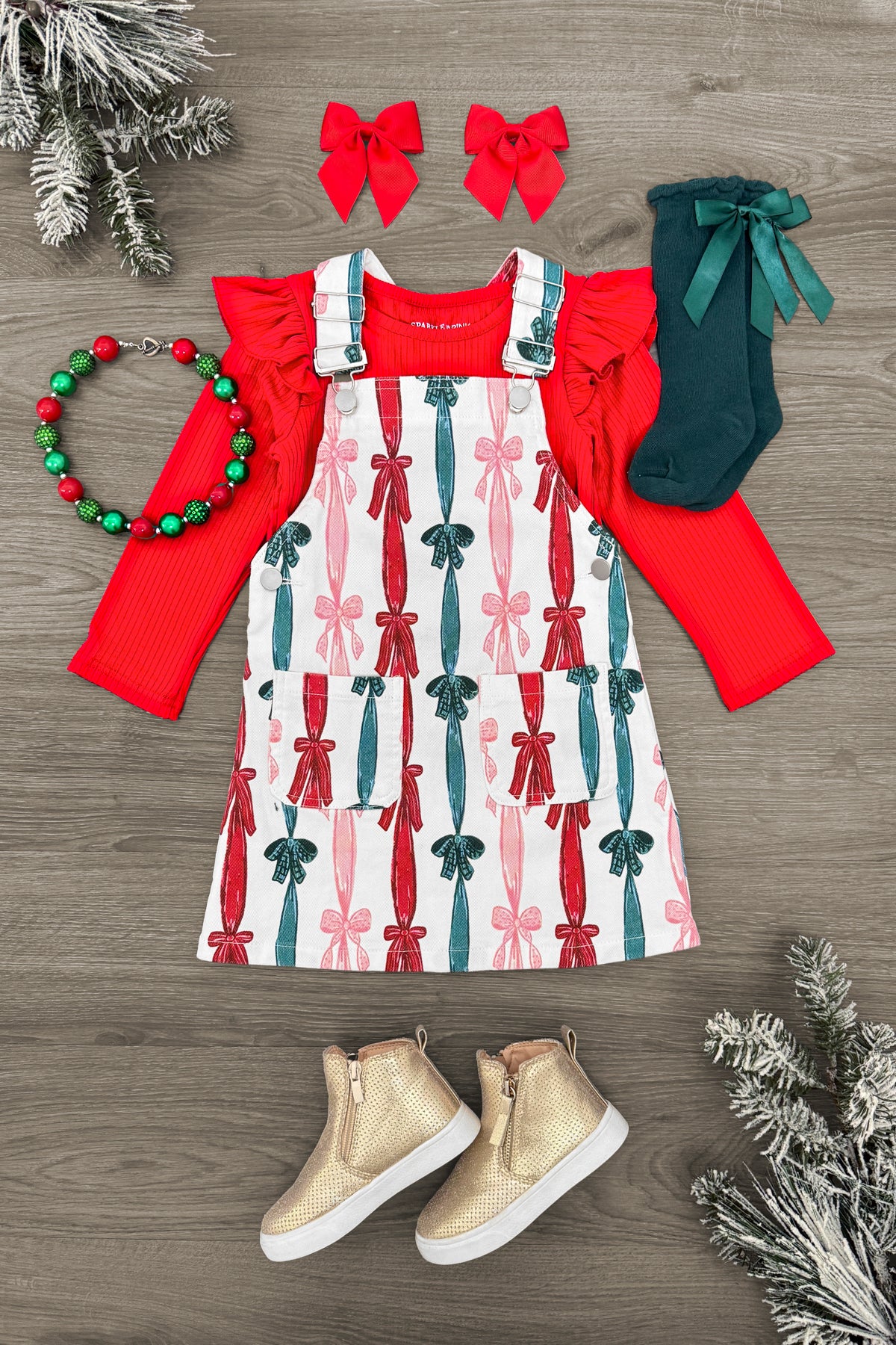 IMG_7515-Edit Christmas Bows Denim Overall Dress Set - Image 1