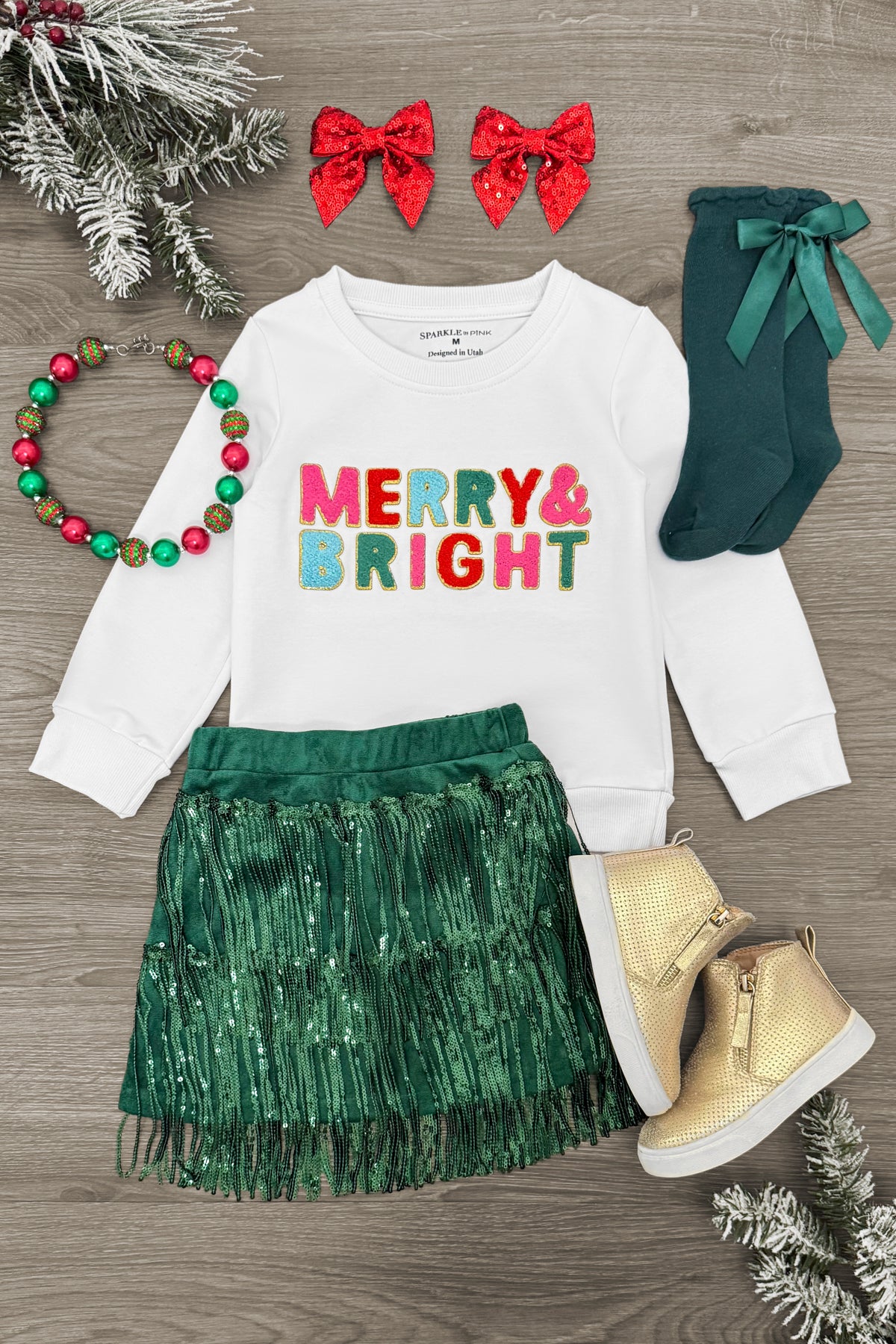 IMG_7840-Edit "Merry & Bright" Green Fringe Sequin Skirt Set - Image 1