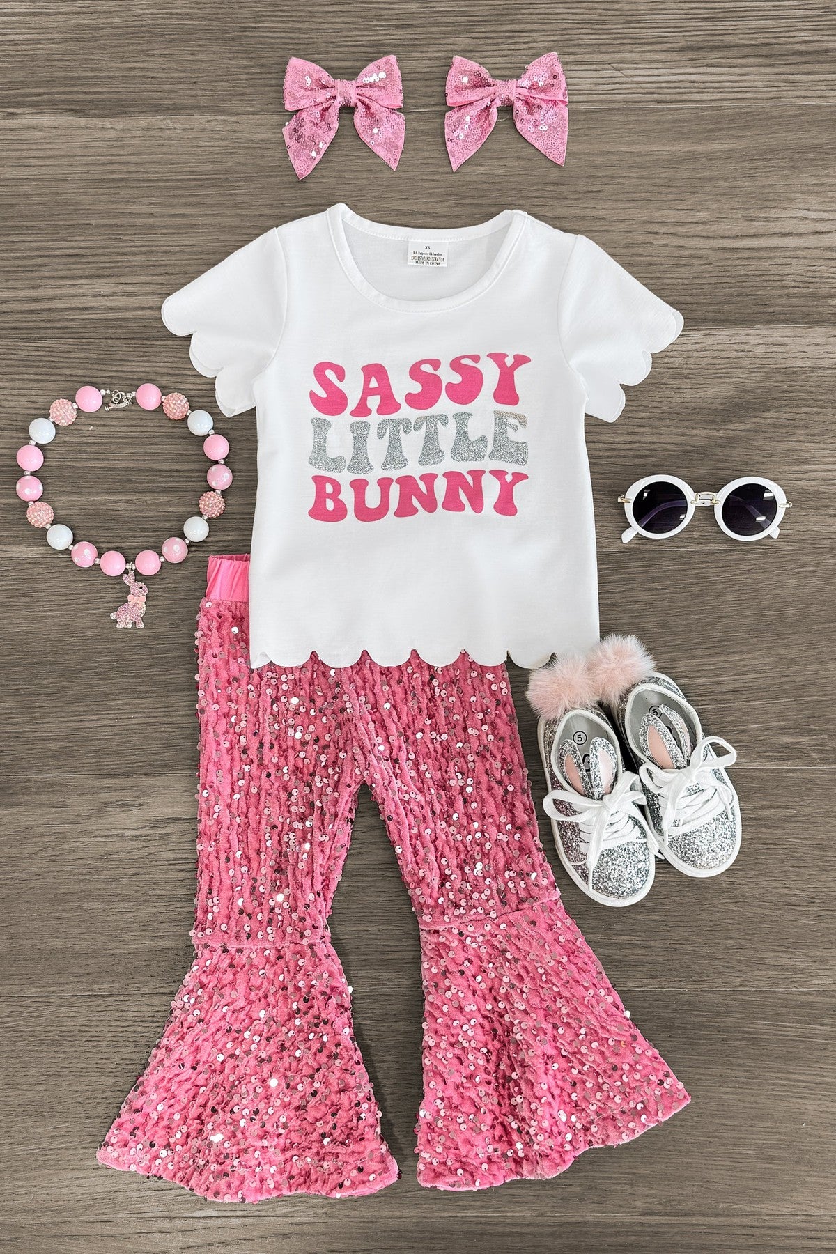 IMG_8210-Edit "Sassy Little Bunny" Pink Sequin Bell Bottom Set - Image 1