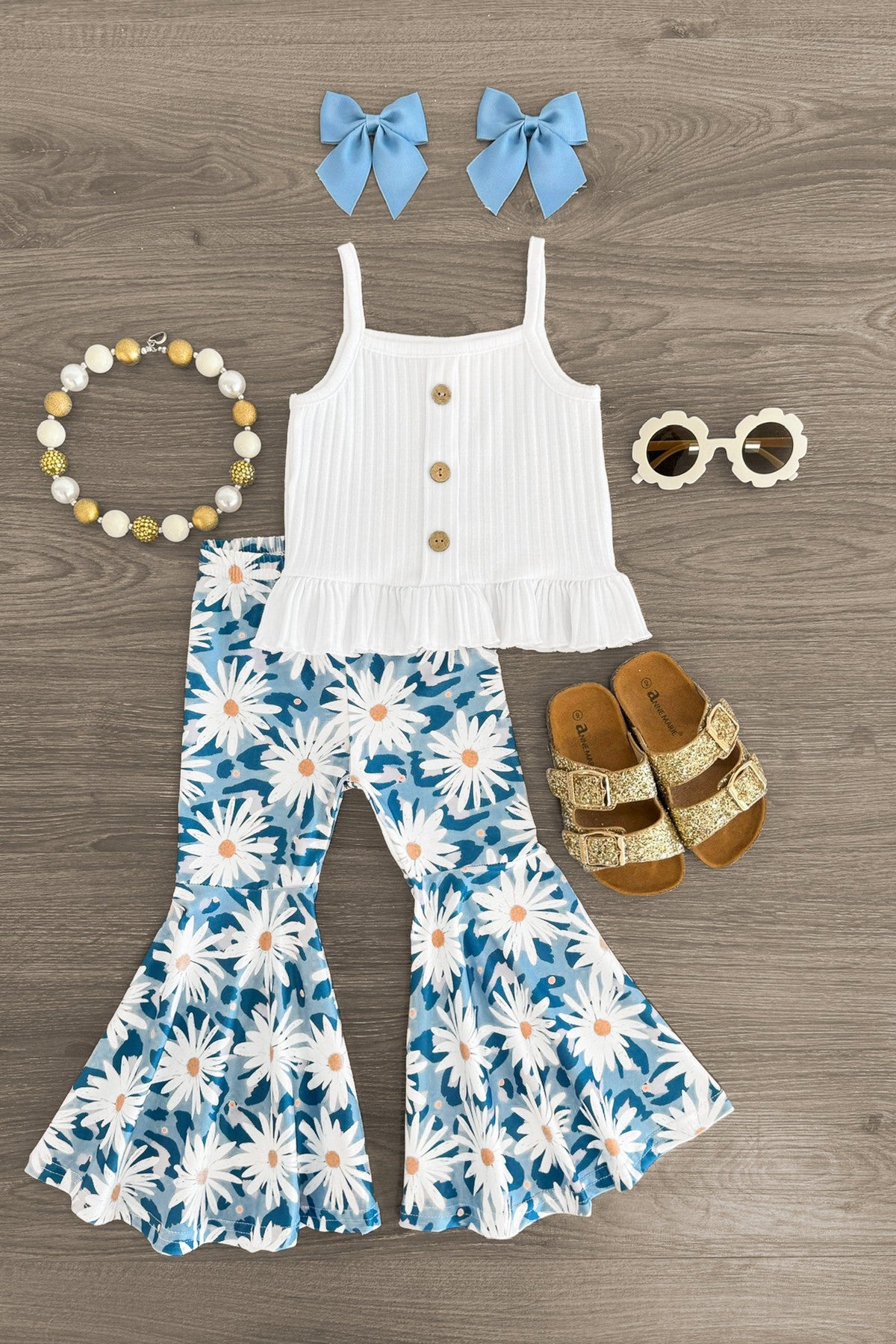 IMG_8239-Edit White & Blue Daisy Bell Bottom Set - Image 1