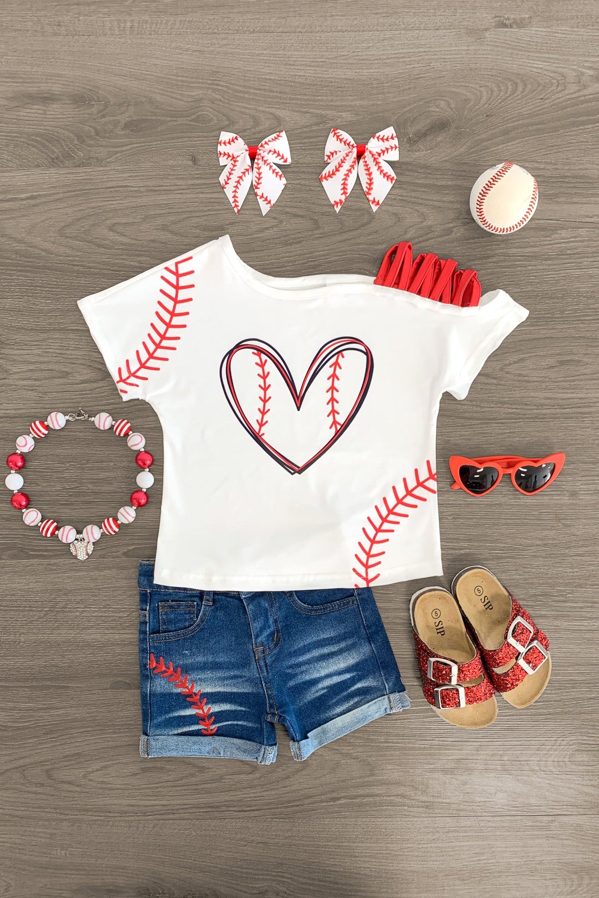 IMG_9131-Edit White Baseball Heart Denim Short Set - Image 1