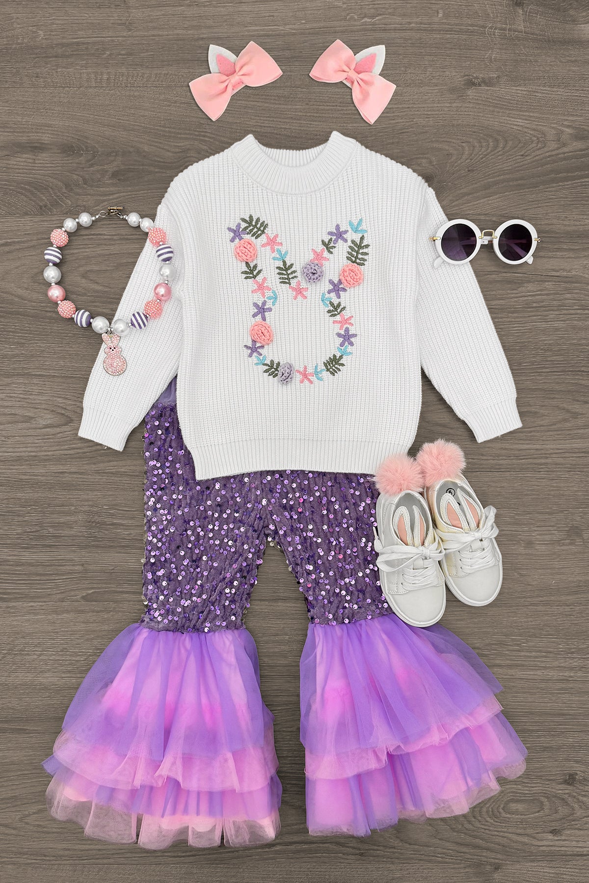 IMG_9340-Edit2 Floral Knit Bunny Sequin Bell Bottom Set - Image 1