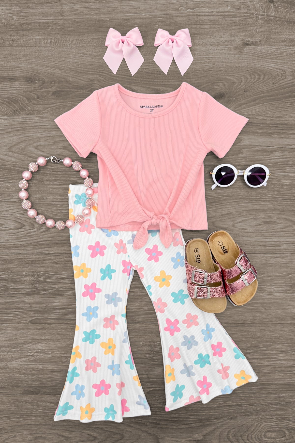IMG_9465-Edit Pink & White Flower Flare Pant Set - Image 1