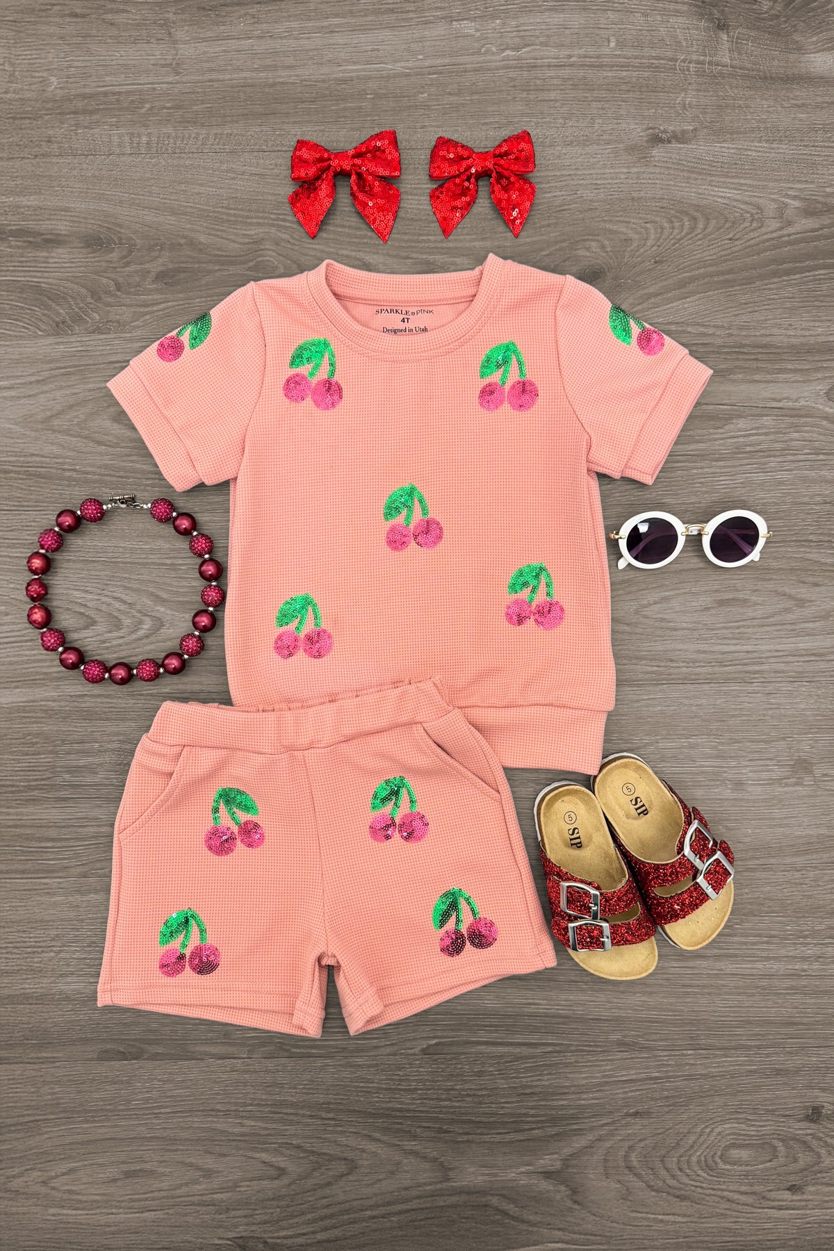 IMG_9582-Edit Pink Waffle Knit Cherry Short Set - Image 1